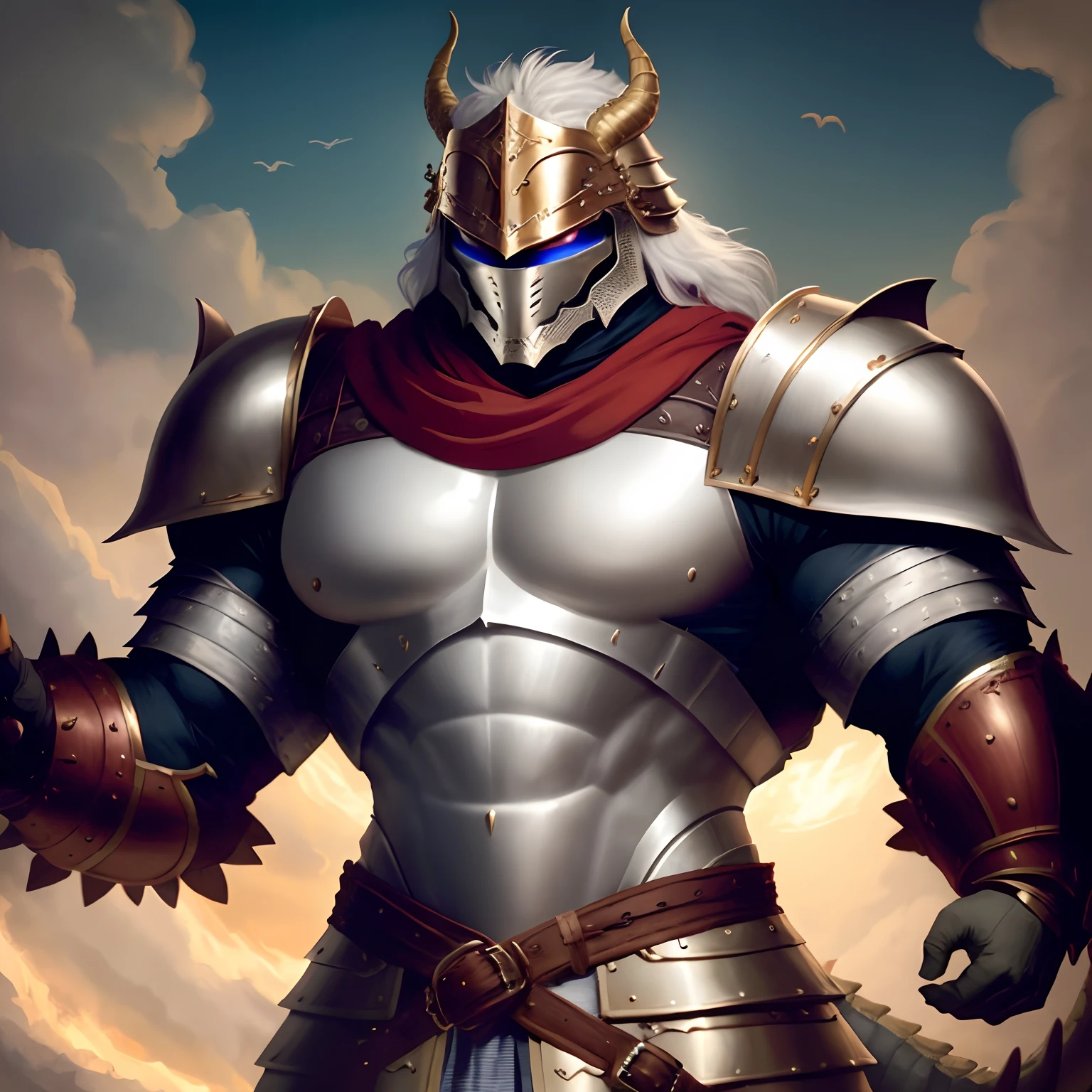 Dragon Anthro mussced in medieval armor with a helmet y with huge arms , Huge torso , Huge pectorals ,