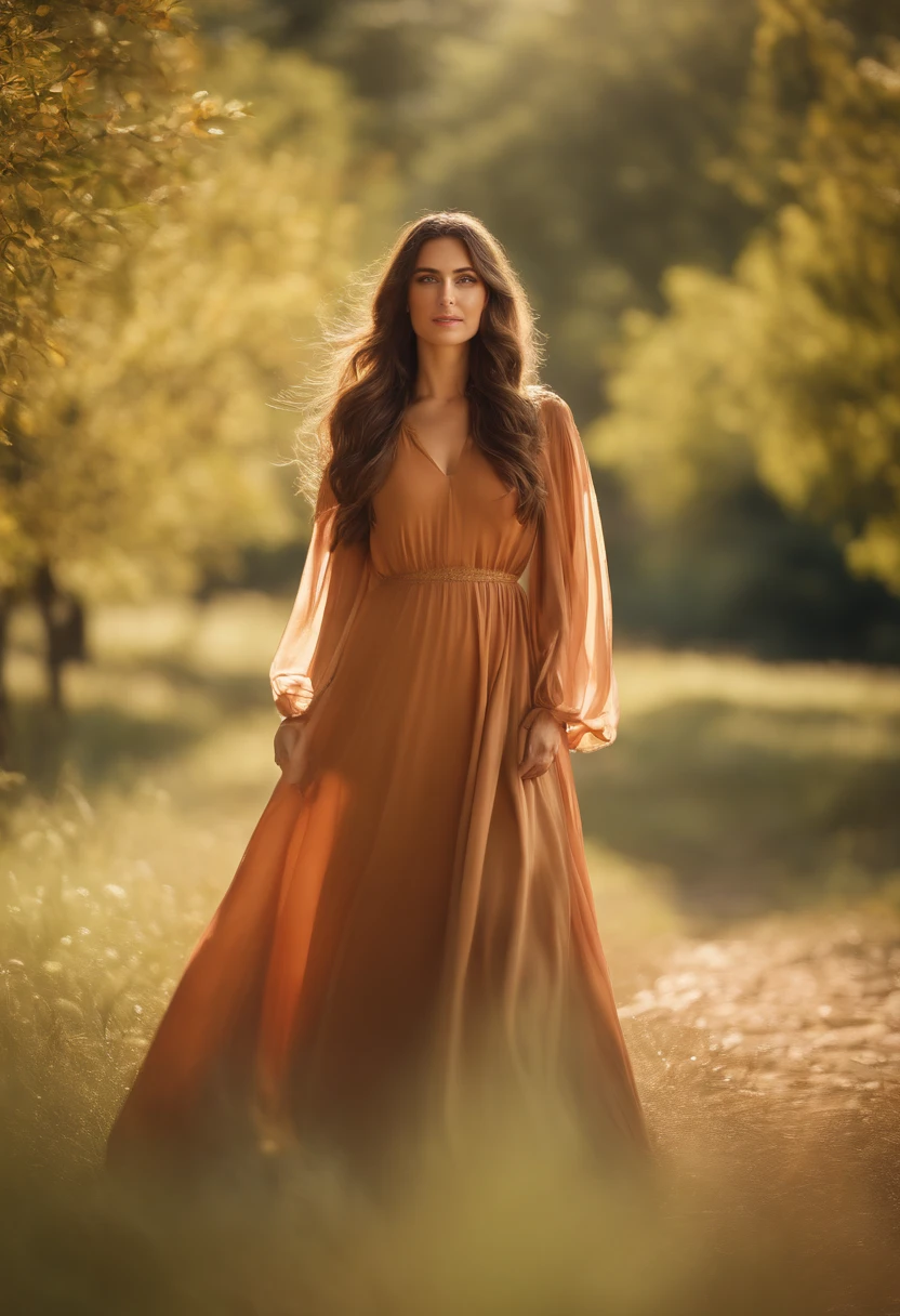 full-length photo Of A Beautiful Woman, facing the camera , Unique sleeve long Dress, Vibrant, Depth of field, In Beautiful Dress, (( Natural Light)), (( Sunny Day )),(( Beautiful Clear Brown Eyes )), long Brown Hair, (( Unique Hair Ornament )), In Centre, (( Photorealistic )), DSLR, Highly Detailed, 4k, Extreme Details, Realistic, (( Wide Shot )), full-length photo, full-body shot