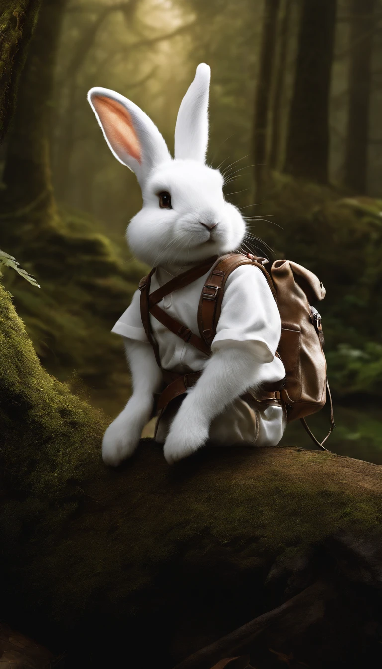 Classic negative portrait photo, fantasy video game character concept art, a cute white fluffy rabbit with a small brown leather backpack looking at a map hiking through the forest, dungeons and dragons, fantasy, river, haze, halo, Bloom, dramatic atmosphere, dark fantasy film of the 1970s, centered, rule of thirds