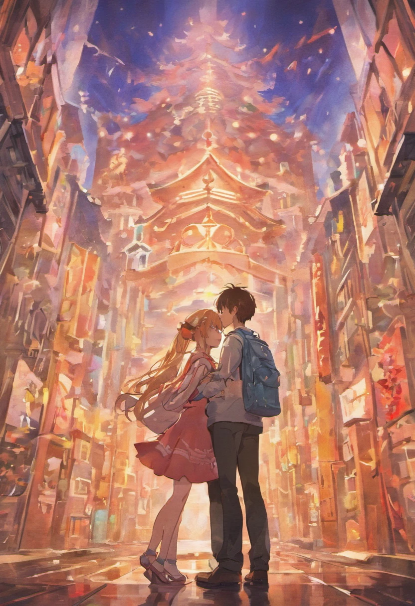 "Generate a description for an anime-inspired illustration where a young couple is depicted realistically with open eyes and a cute aesthetic. The scene should capture their affectionate moment together, emphasizing their charming expressions and features."