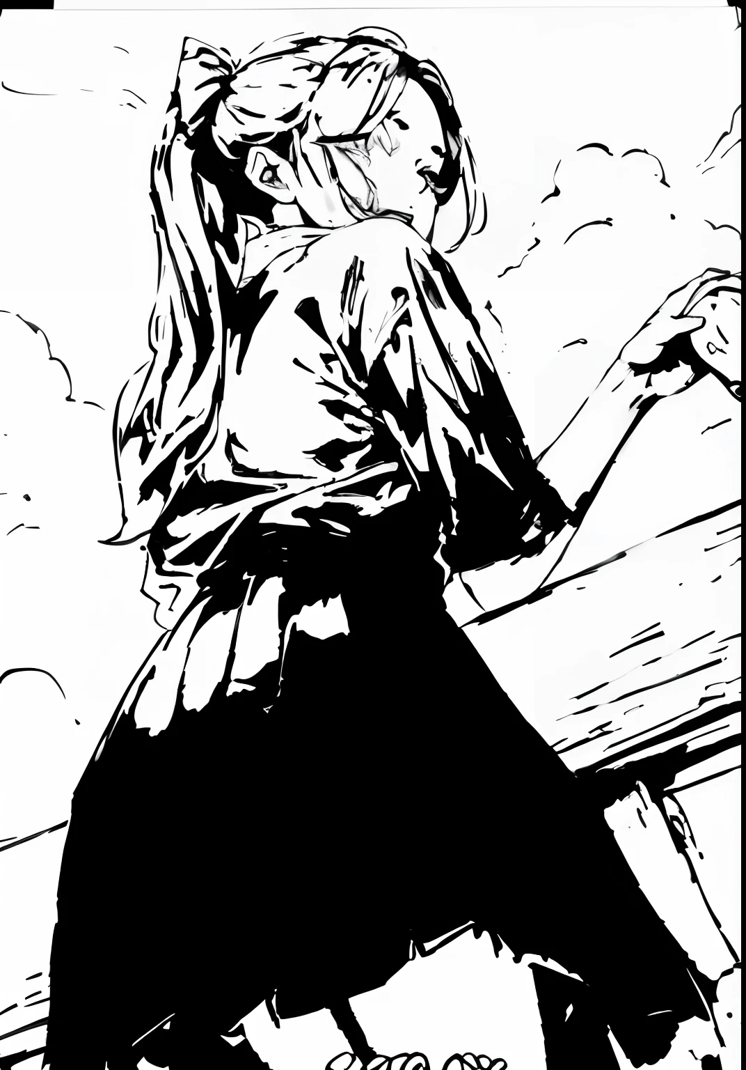 Painting of a woman sitting on a bench with a cigarette, black and white manga panel, ink manga drawing, intense line art, extremely fine ink lineart, Inks and screentones, black and white manga style, Intense black line art, high contrast illustration, drawn in a noir style, black and white manga page, Ink illustration with shadows, Bold lineart