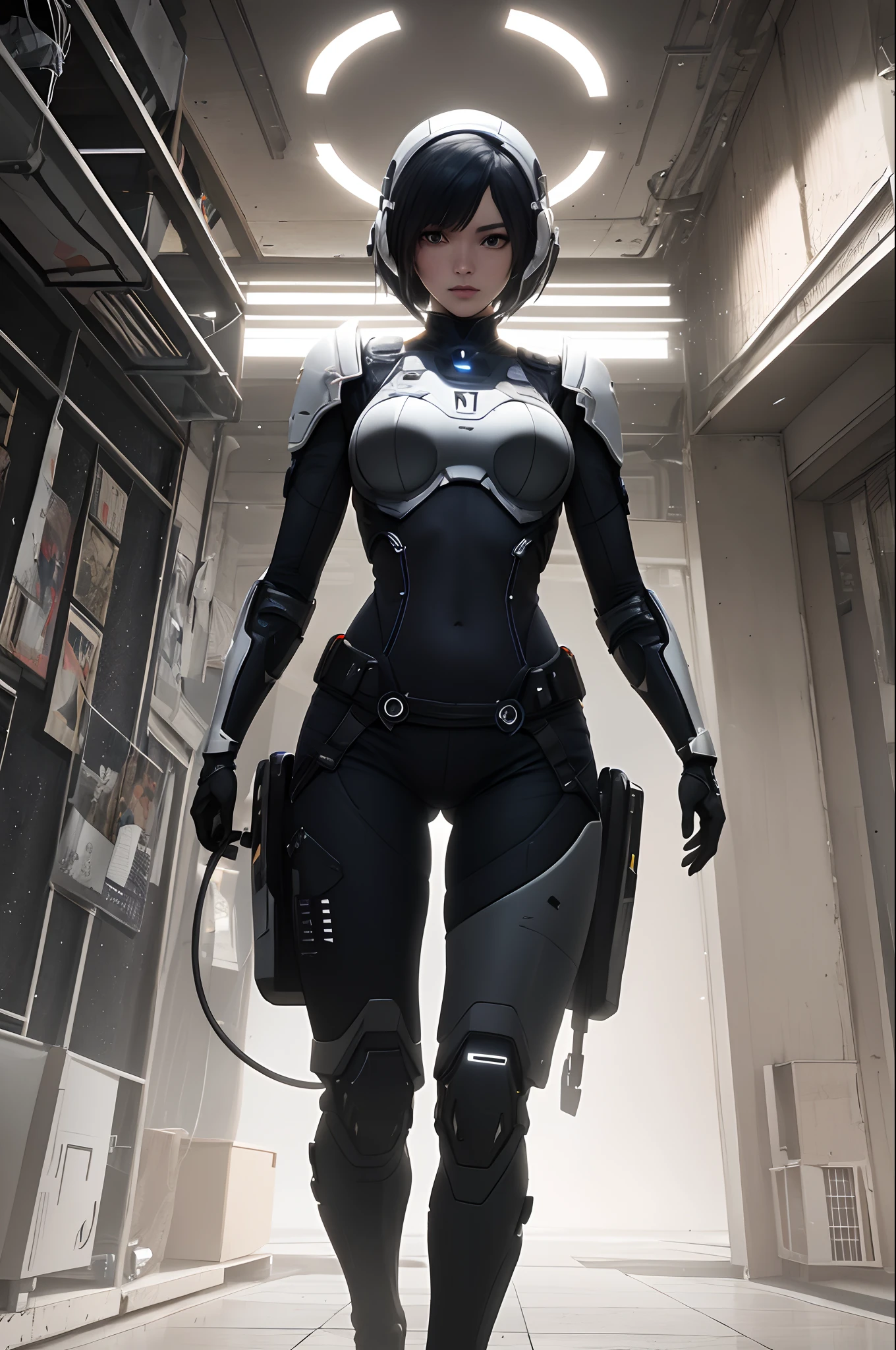 ((top-quality)), ((​masterpiece)), ((realisitic)), (detaileds), (Photorealsitic:1.5), Futuristic girl, japanes,(thick body), (white bodysuit), 23years old,lights on armor, Cybernetic Headwear, Exposure of the abdomen,Looking at the camera, dynamicposes, scientific fiction, HDR, Ray traching, NVIDIA RTX, Hyper-Resolution, Unreal 5, sub-surface Scattering, PBR Texturing, post processed, Anisotropy Filtering, depth of fields, Maximum clarity and sharpness, thirds rule、8K RAW、(Luminescent particles:1.4)、(extremely details CG、Unity 8k Wallpapers、3D、lighting like a movie、lensflare)、Reflectors、foco nítido、Destiny 2 Lightfall Art、Destiny 2 Lightfall architecture、
