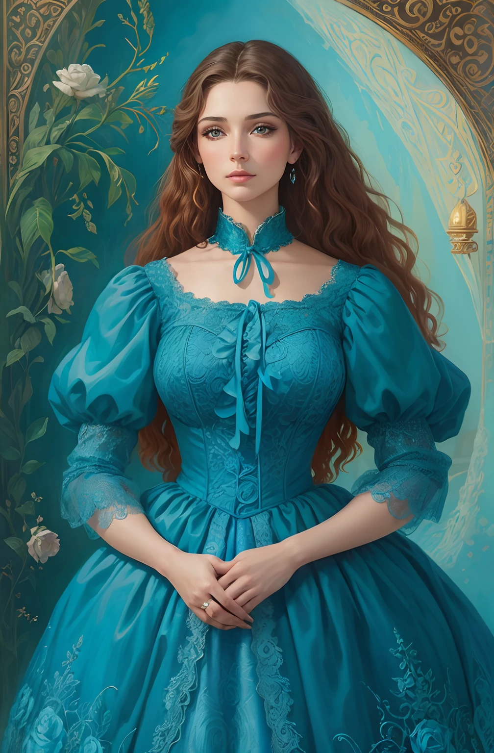 "In the style of Michael Cheval, a young woman stands before you, her fingers perfectly rendered and her beauty unmatched. Dressed in a stunning turquoise blue lace dress, she exudes elegance and grace, much like the actress Ariadne Díaz. Let your imagination run wild as you bring this vision to life."