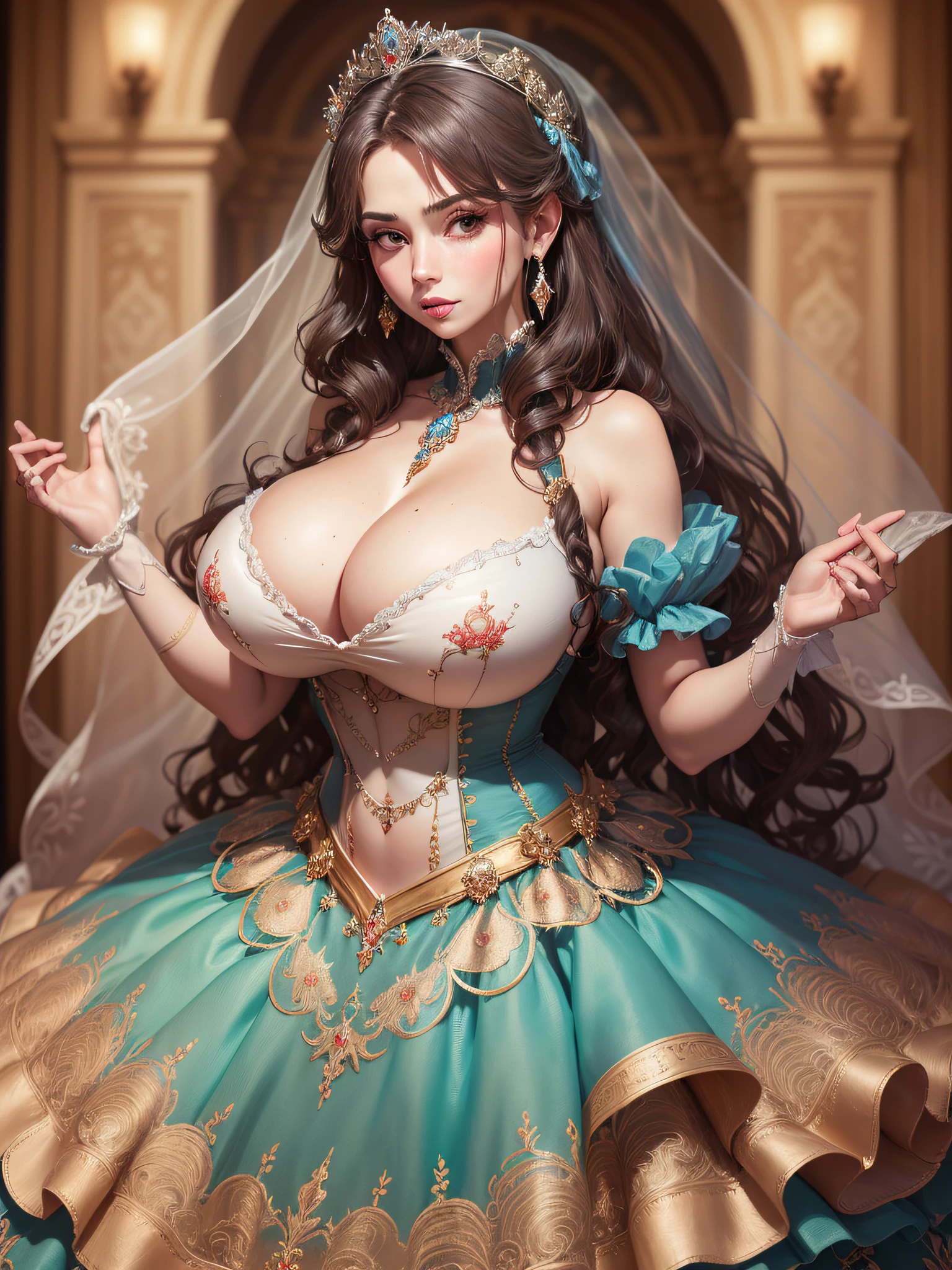 ((anime artstyle)),(Masterpiece),(Best Quality), (Super Detail),((Very Delicate and Beautiful)),cinematic lighting,1 girl,((full body portrait)),((standing in garden)),((solo)),(((1 fairytale princess in gorgeous embroidery and jeweled extremely gorgeous princess rococo ballgown with voluminous full length hoop skirt))),an hourglass waist,padded and corseted bodice,(((huge crinoline hoopskirt))),long train,((gorgeous embroidery and jeweled)),voluminous frills,See-through,(gorgeous embroidery and beautiful lace),(((extremely gigantic tits,skindentation))),cleavage,((large amount of straight hair,extremely voluminous Straight long Hair,Very Long Straight Hair)),(finely detailed face and eyes),clear pupil,extremely gorgeousfull hair ornament,(bling-bling jeweled extremely gorgeousfull tiara),(bling-bling gorgeous gemstone jewelry),gorgeous long veil,((opera gloves)),(beautiful background),(full body),((gorgeous embroidery and jeweled extremely gorgeous princess rococo ballgown with voluminous full length hoop skirt))