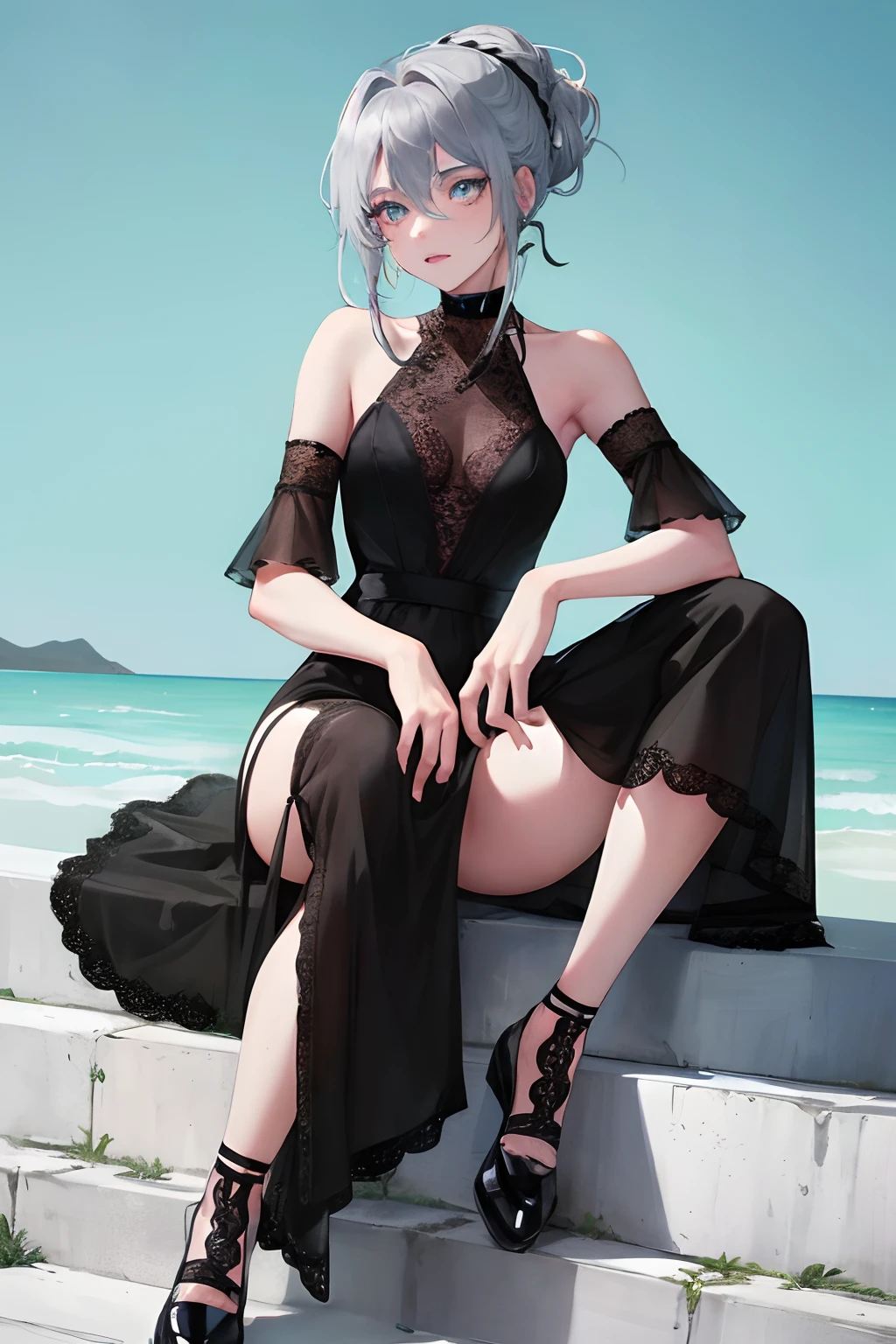 female with fair skin, slight freckles, long dark silver hair tied in a ponytail with bangs on both sides of my face, bright turquoise eyes, petite but perfect body, beautiful, soft hands, smooth skin, perfect teeth. Wearing a black lace dress, black shoes also wearing a black lace chocker.