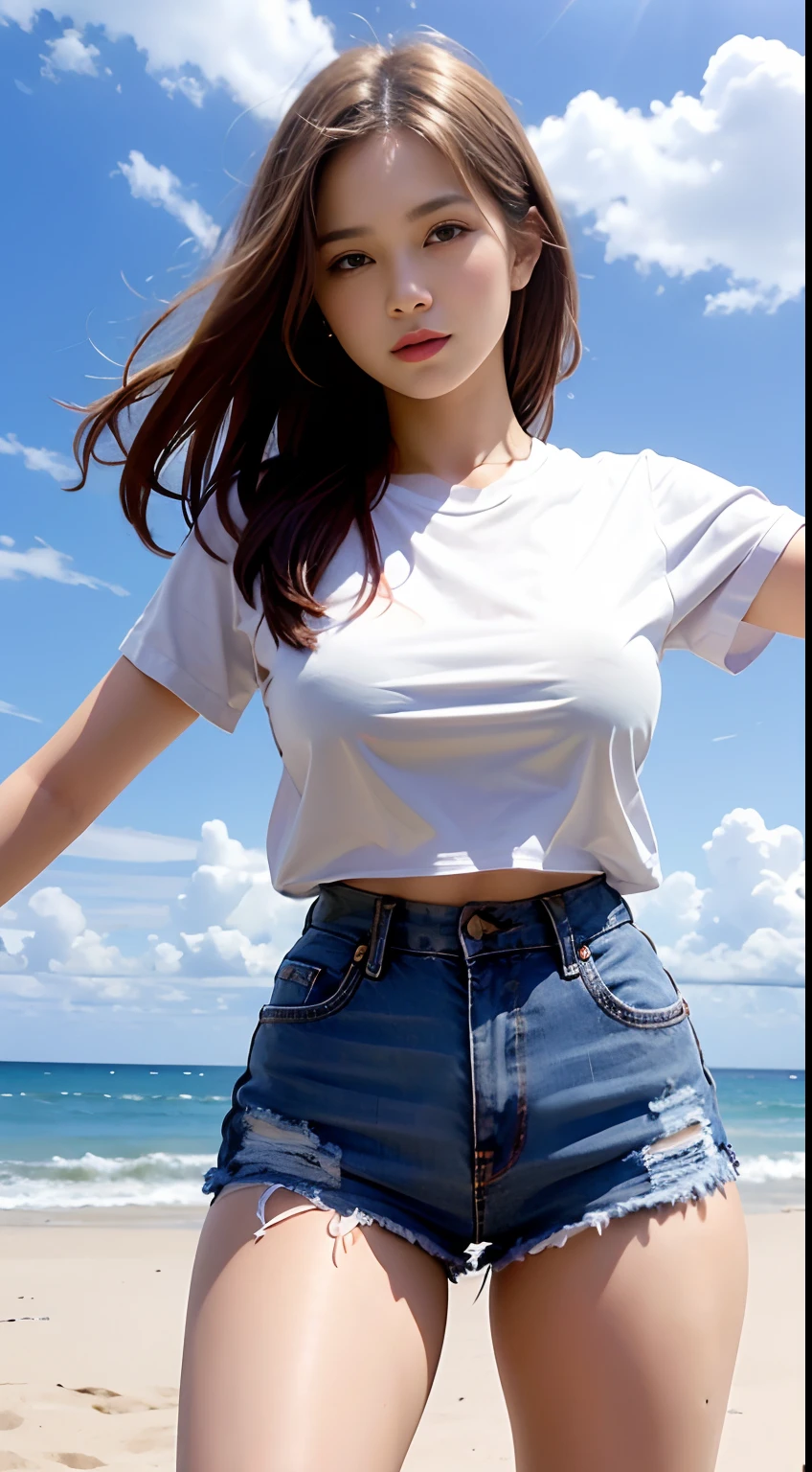 top-quality, ​masterpiece, Photonic style, high-detail, 16k picture quality, Photographed from below, beautiful a girl, Standing with open legs, plump big breasts, Constricted waist, white short sleeves T-shirt, Sheer nipples, Denim shorts, blue open sky, white clouds, Bright sunshine, suns, blue sea, sand beach, vague,