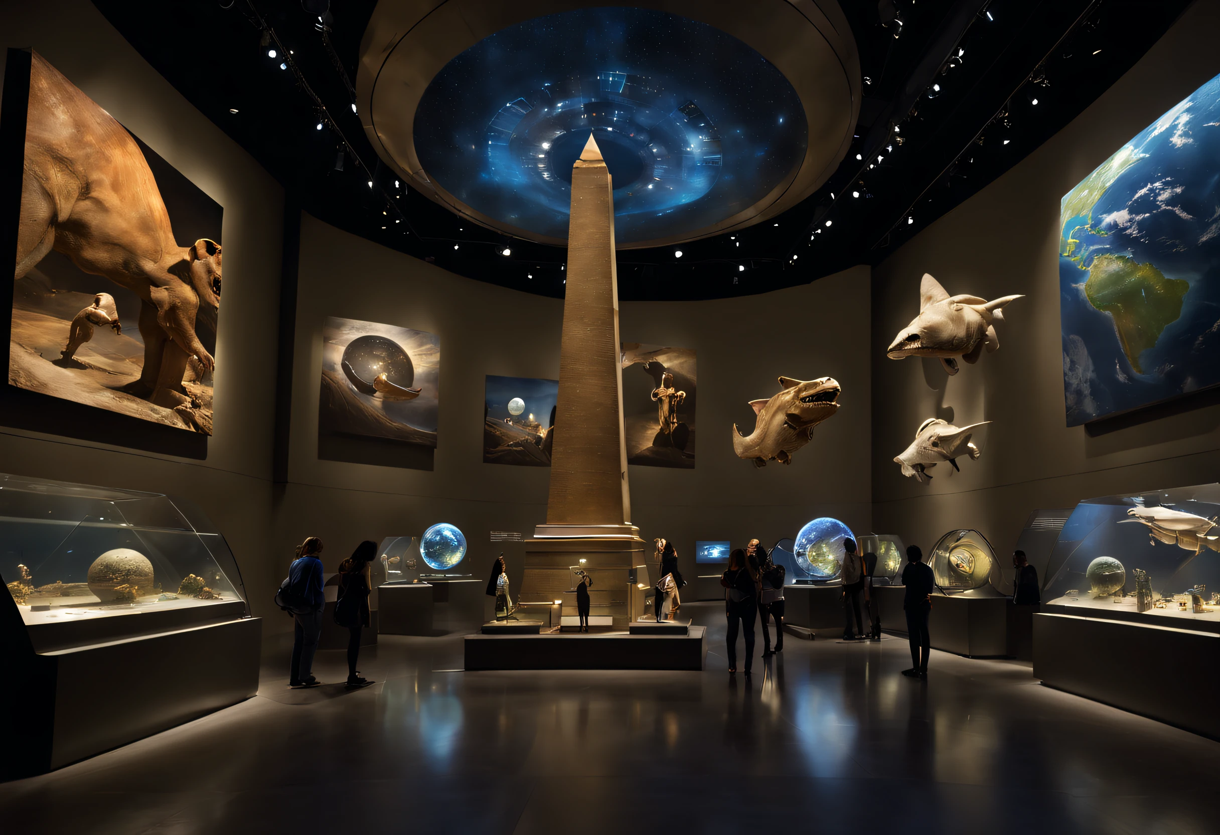 Create an immersive and visually stunning environment called "The Museum of Time," encompassing humanity's most notable achievements and Earth's iconic landmarks, while incorporating advanced technology, engaging visual effects, and evoking a sense of awe and admiration for the human spirit and humanity's endless pursuit of progress and creativity.