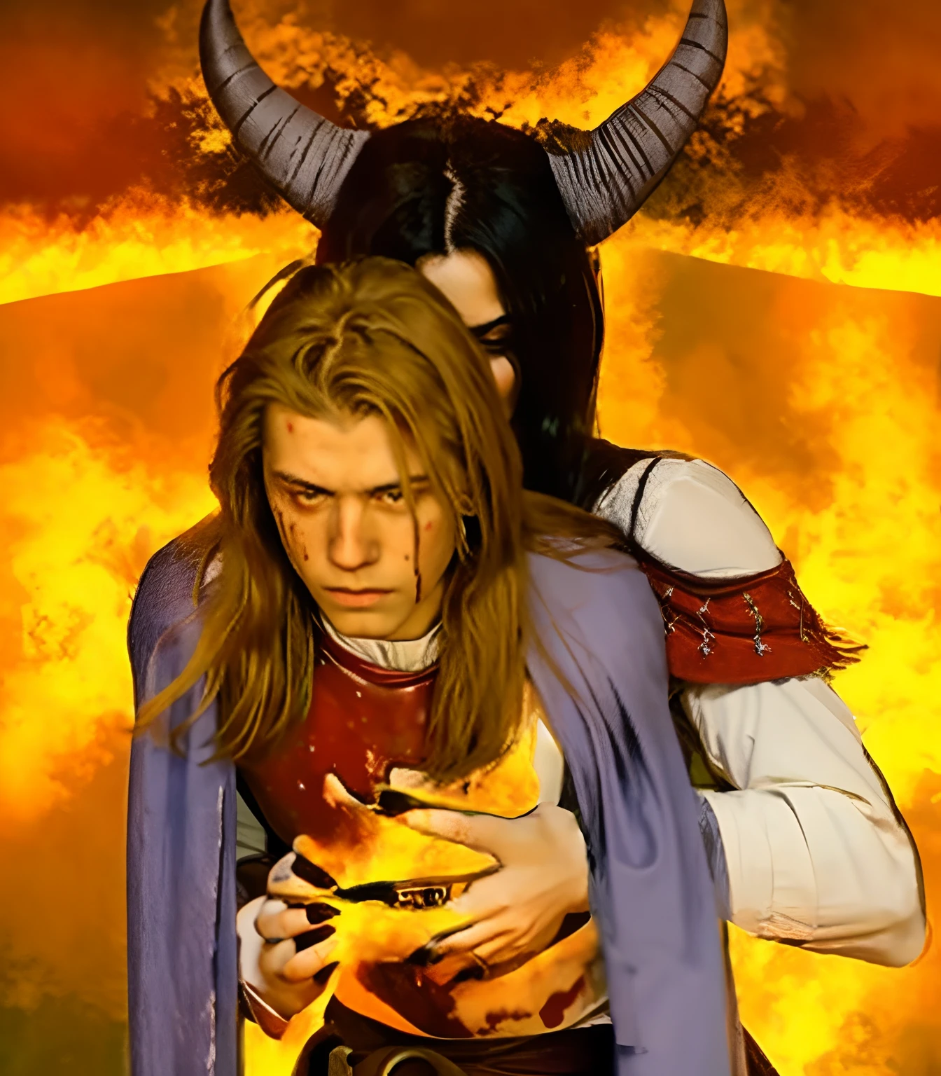 a 28 years old demon girl, two grey horns, straight long black hair, black naild, grabbing, demon, medieval dress,
