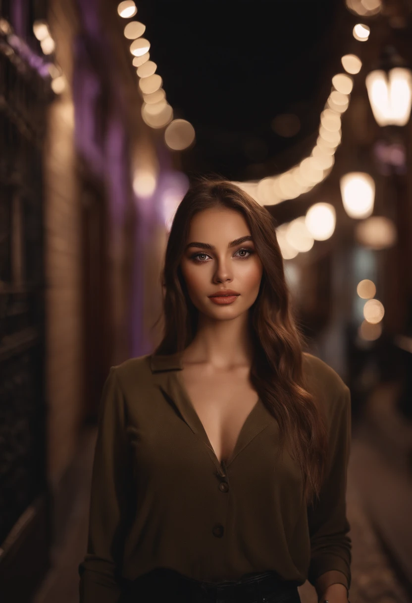 girl with brown eyes, ultra realistic, meticulously detailed, portrait sophie mudd, brown hair and large eyes, full bodie view of a young woman, bedroom eyes, violet myers, with makeup, natural makeup, looking directly at the camera, face with artgram, stunning full body in new york city square night time,