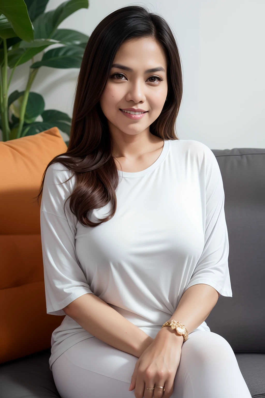 Matured Malay wearing big oversized white T-Shirt andleggings, seating on fabric couch, portrait photography, matured, malay mother, very long golden brown hair, side swept hair, wavy hair, 35 years old, mid shot photo, ultra detail, professional photograph with professional lighting, smile, white living room, sexy seducing pose, big breast,