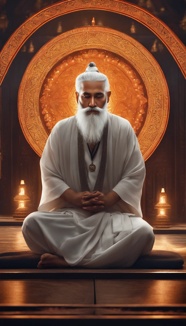 Middle Asian Man，white  hair，beard，staring directly at camera，Cross-legged meditation, at centre，Clear facial features，Background Black, light Particle, Facing the front, Musif, Wallpaper Art, UHD Wallpapers、