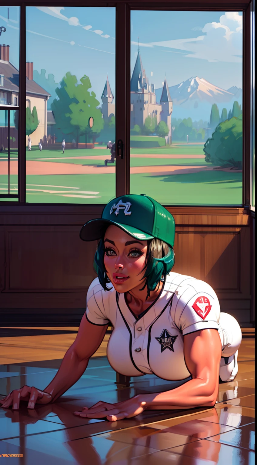 smile, cute, ((on all fours:1.4)), looking at viewer, thick thighs, curvy, (baseball uniform), gigantic breasts, wide thighs, thicc, short hair, ((jada stevens:1.4)) big ass (realistic:1.2), (realism), ((baseball cap)) (masterpiece:1.2), (best quality), (ultra detailed), (8k, 4k, intricate),(full-body-shot:1),(Cowboy-shot:1.2), (85mm),light particles, lighting, (highly detailed:1.2),(detailed face:1.2), (gradients), nsfw, colorful,(detailed eyes:1.2), (detailed ladscape, castle, furniture, window:1.2),(detailed background),detailed landscape, (dynamic angle:1.2), (dynamic pose:1.2), (rule of third_composition:1.3), (Line of action:1.2), wide shot, daylight, solo,
