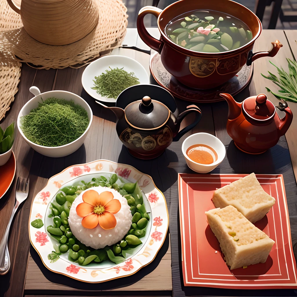 Masterpiece, HD, a poster, the theme is the Dragon Boat Festival, there are rice dumplings and tea, tableware, family, early summer, water drops, sunshine, clear sky, wormwood herbs,  , Draw a square yellow green bean cake, put it on a brown plate, put it on the table, next to a red teapot, the surrounding background is blooming peach blossoms, HD image, --auto --s2