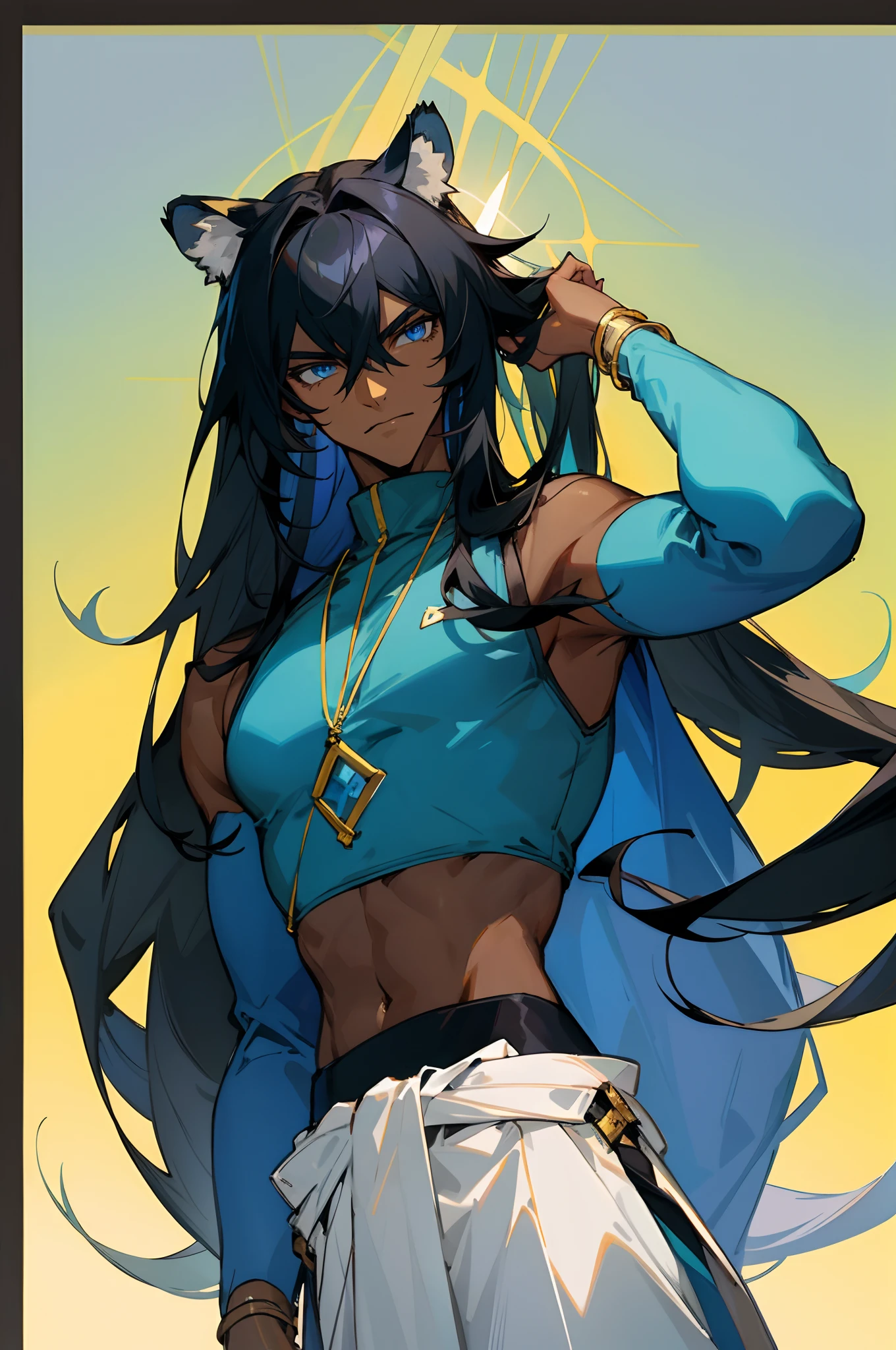(masterpiece, best quality) detailed, 1Character , arknights art style , wearing sleeveless turtleneck, blue with gold accents, crop top , elegant, diamond accessories, ((Beautiful man:1)) , ((Dark skin:1.5)) , (( Extremely long hair)) , ((black hair)) , ((male:1.4)) , full lips , light blue eyes ,((tiger ears:1)) , ((Crop top:1)) , ((Skinny build)) ,effeminate , full long eyelashes , age 32 ,