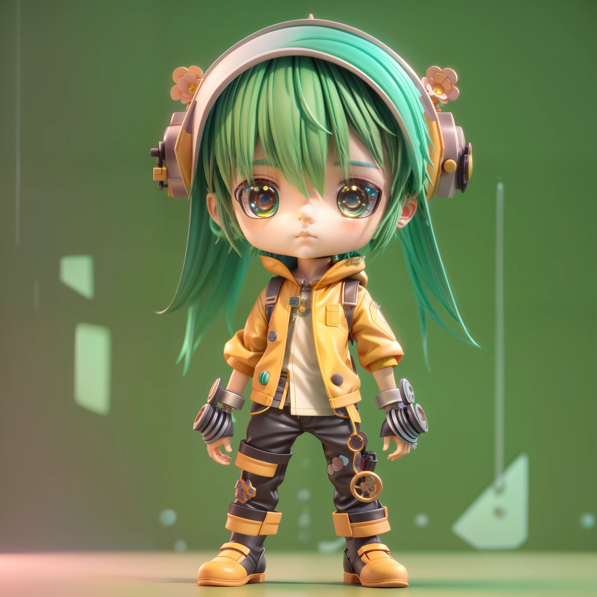 Soft clay character style：Full body shot  of  boy doll  with tools accesories in mechanical fantasy style costume, full body shot ,green hair,Don't get too big with dark eyes,The tip of the nose is reddish,with a melancholy expression,Simple rubber texture clothes,Soft clay material,anime styled 3d, 8k high-quality detailed art, Stylized anime, 3 d render stylized, Cute detailed digital art, lovely art style,  Mechanical fantasy style background,8K, cute 3 d render, render of a cute 3d anime boy, Anime Stylization, adorable digital art,Soft lighting,The light is dim and yellow,,Sense of light and shadow,