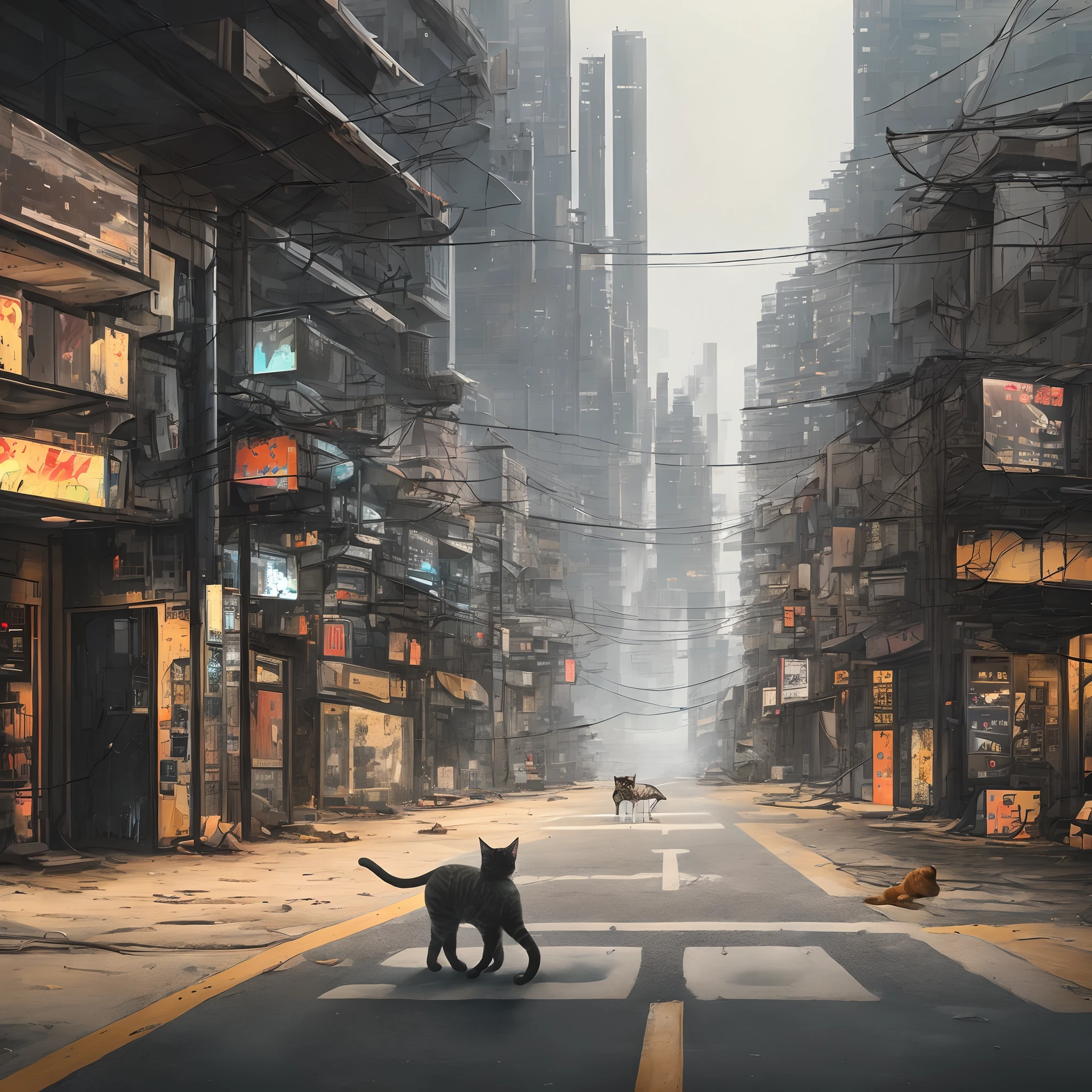Deserted cyberpunk cityscape、One beautiful cat crosses the road、