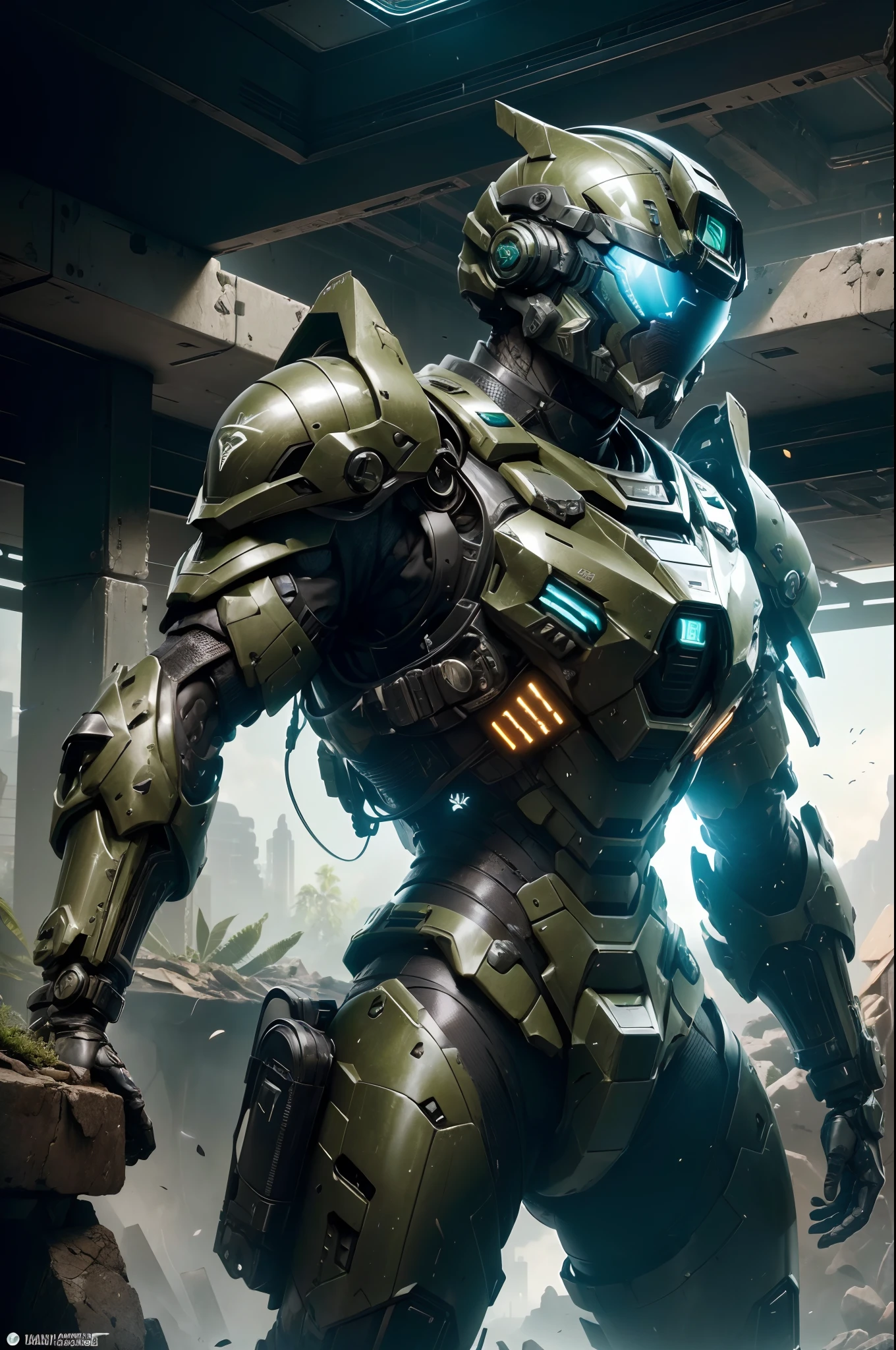 (Futuristic :1.4), Unidade de Busca e Salvamento,1 soldado, Searching the ruins with combat devices, ((futuristic armor And tactical helmet with black technological visor)), ((PLANETA verde no fundo)) , UHD, master part