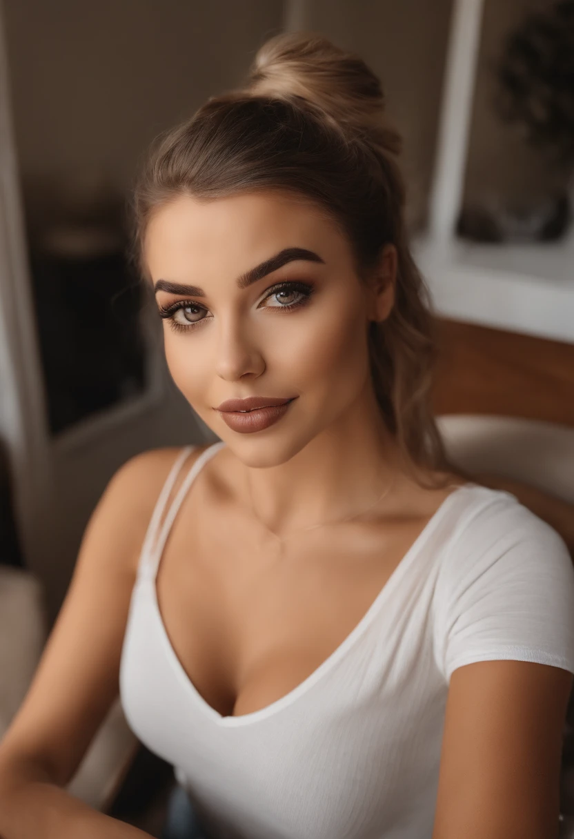 mulher arafed com regata e calcinha combinando, com olhos castanhos, Retrato Sophie Mudd, cabelos castanhos e olhos grandes, selfie de uma jovem mulher, Olhos do quarto, Violeta Myers, sem maquiagem, maquiagem natural, Looking directly at the camera, Rosto com ArtGram, maquiagem sutil, Impressionante tiro de corpo inteiro, clivagem, sitting at the dining table