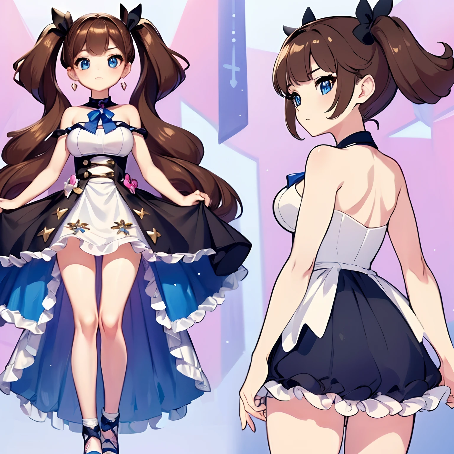 ((3different poses)), ((Best Quality)), (Ultra-detailed), (extremely detailed CG unified 8k wallpaper), Highly detailed, High-definition raw color photos, Character sheet, (Twintails), Brown hair, Amazing face and eyes,Blue eyes, (amazingly beautiful girl), off shoulder, white background, front and back poses. Fairy type Pokemon trainer (pink)