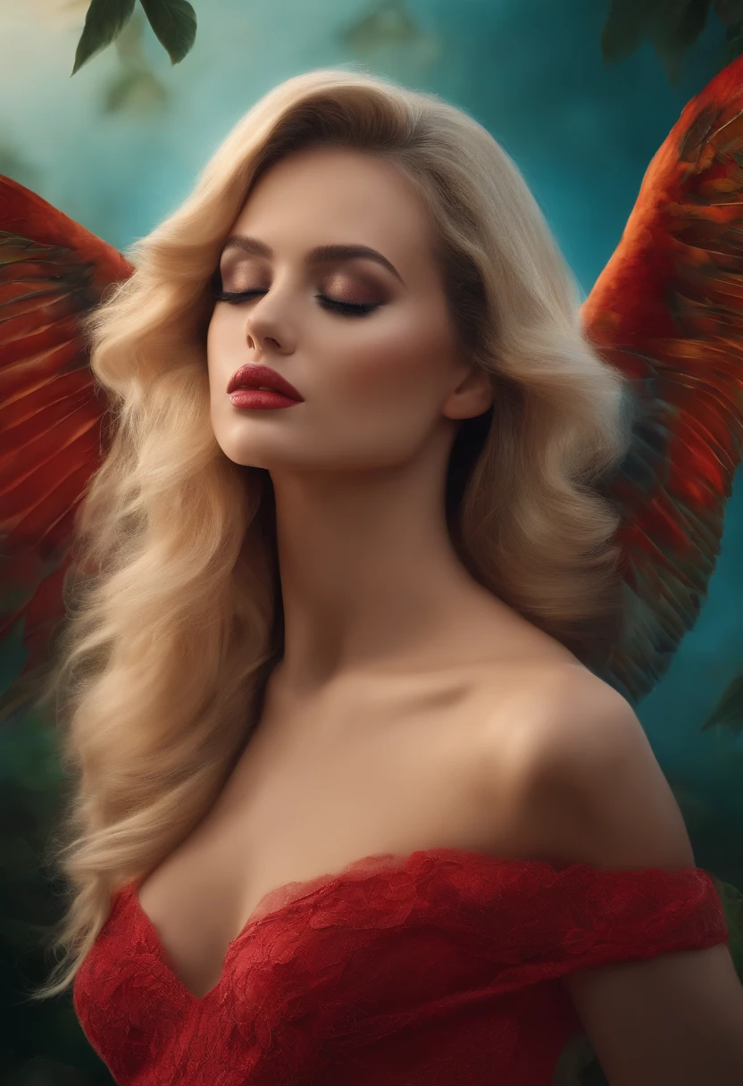 Red hair, poppy-red clothes, glasses, stud earrings, vintage, feminine, 8k, masterpiece, best quality, excellent detail) , (high saturation, best shadows, best light, extremely delicate bleaching) dark style, Cybelle, Swan girl, valkyrie, air elemental, winged girl, large white wings, athletic, fit, fitness model, athletic, athlete, athletic fashion model, tall, strong, great abs kind expression