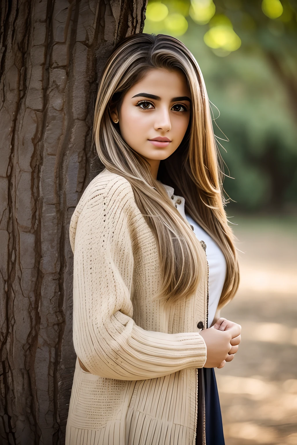 Realistic and detailed portrait of an Iraqi girl, attractive, 18 years old standing next to tree, fashionable outfit, blonde hair highlights, holding hair up with hand, (masterpiece), best quality, high resolution, extremely detailed, blurred background, depth of field, cinematic lighting,