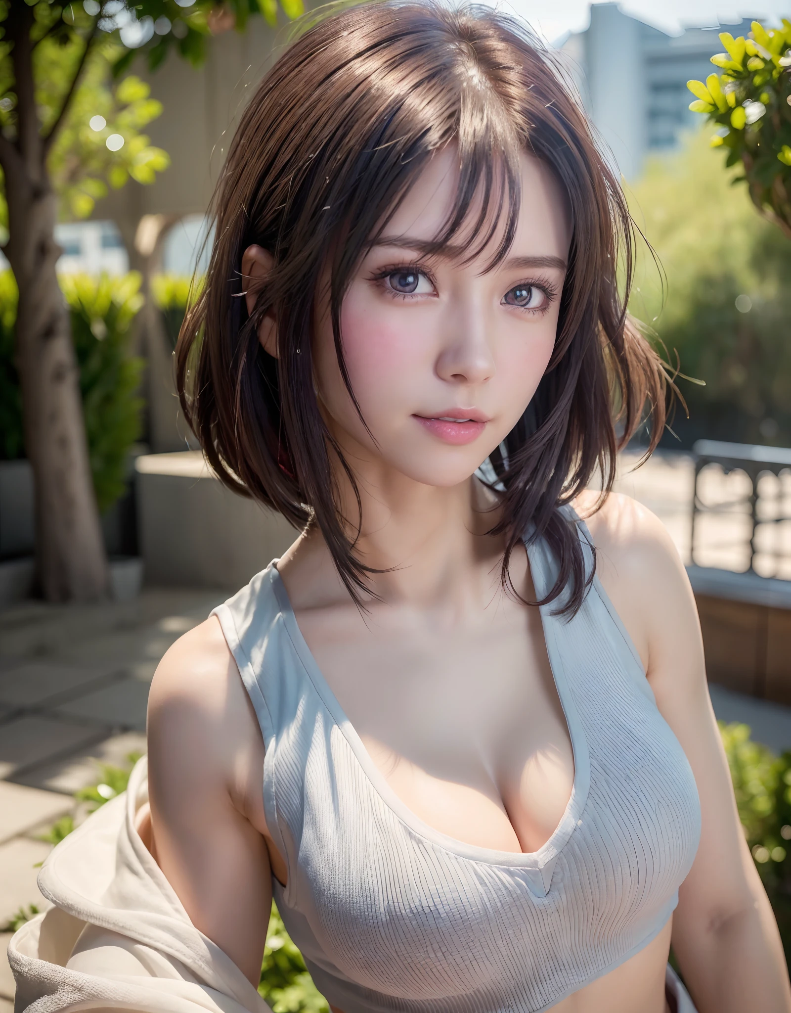 ((((masutepiece, Best Quality, High resolution)))), extremely detailed 8K, Beautiful girl with slim body, (Ultra HD, Ultra-detailed, Highly detailed, Highly realistic, Ultra-realistic, photos realistic), (1girll:1.5), short wavy hair, bob cuts, (dynamicposes), facing at camera, lightsmile, Purple eyes, (nedium breasts: 1.2), (beautifull detailed face, Beautiful detailed eyes), (White vest, Thin material), cleavage, Dark Denim Shorts, Glow, Sweat, (rays of sunshine, Sunlight),nakeness,bared chest
