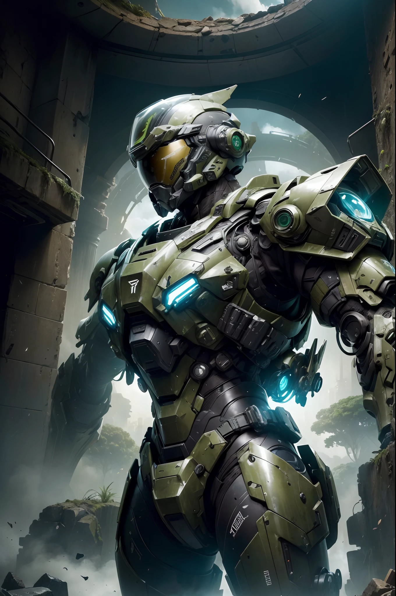 (Futuristic :1.4), Unidade de Busca e Salvamento,1 soldado, Searching the ruins with combat devices, ((futuristic armor And tactical helmet with black technological visor)), ((PLANETA verde no fundo)) , UHD, master part