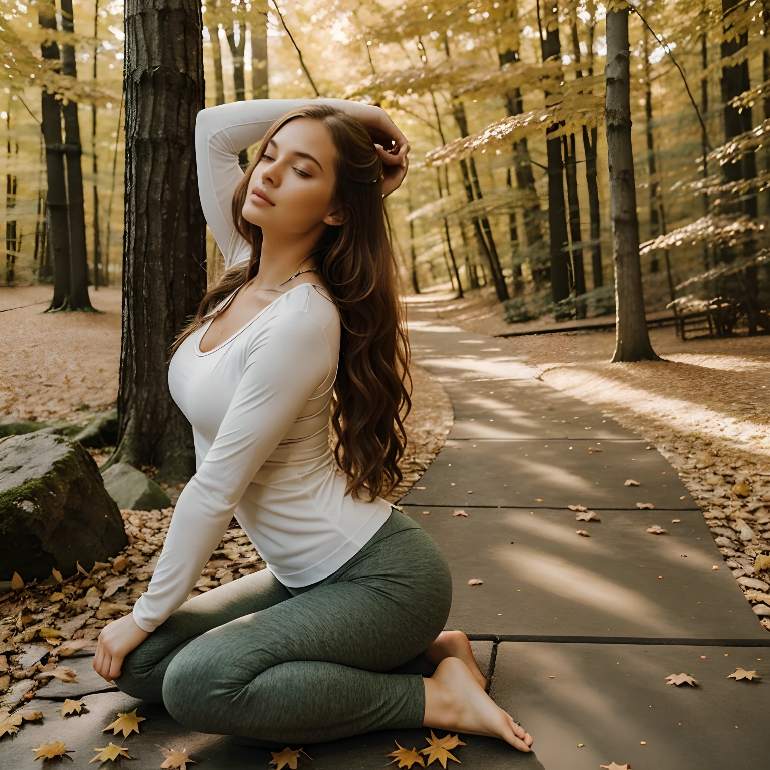 Generate a full-body image of Autumn in her mid-20s, standing at approximately 5'4" tall. Her long, wavy chestnut hair gracefully flows down her shoulders. She boasts an athletic hourglass figure with a full bust and a flawless, sun-kissed tan complexion. Autumn's brown eyes express charisma, and she maintains a relaxed and confident demeanor.
For her yoga retreat, Autumn is adorned in a snug-fitting yoga ensemble. She wears a white yoga top that complements her complexion and matching deep forest green leggings in a rich, earthy brown hue. These outfits hug her curves perfectly, allowing ease of movement during yoga poses.
The scene is set amidst a serene fall forest with colorful autumn leaves blanketing the ground, enhancing the natural beauty of the season. The location exudes tranquility, situated near a gentle stream whose soothing sound of flowing water harmonizes with her practice. Natural lighting gently filters through the foliage, casting dappled sunlight on the scene, creating an atmosphere of serenity. capture Autumn down on all fours. Pose Autumn on her hands and knees with her back arched, creating a visually striking and sensuous image. Show the intricate details of her yoga ensemble, the serenity of the fall surroundings, and the captivating expression on her face. Ensure the image exudes an intricate, elaborate, and hyper-realistic portrayal of Autumn's "Fall Yoga Retreat."