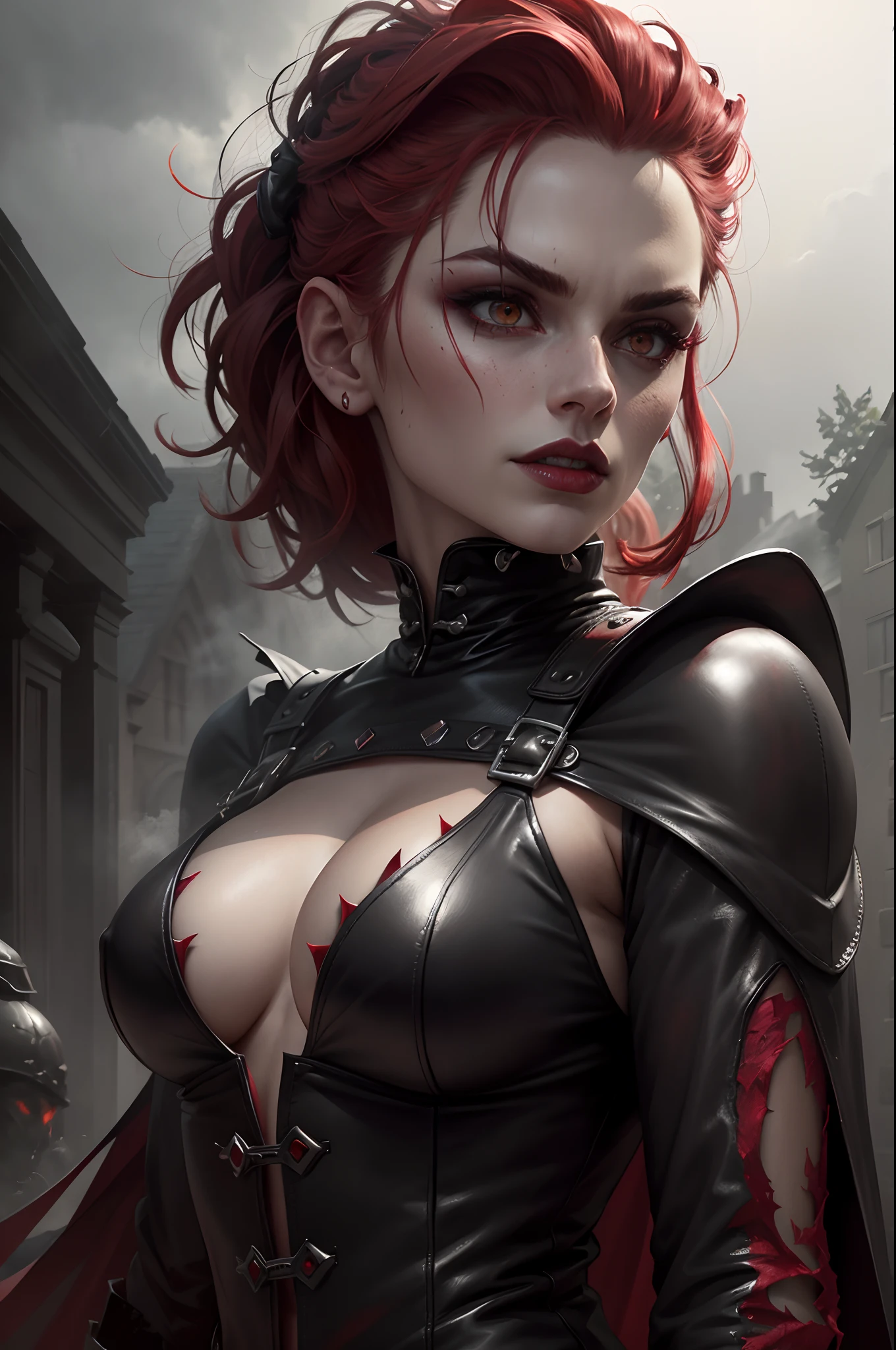 (best quality,4k,8k,highres,masterpiece:1.2),ultra-detailed,(realistic,photorealistic,photo-realistic:1.37),vampire femme,red and black studded leather armor,hell,realistic scenery,ominous atmosphere,dead trees,ominous clouds,dark shadows,evocative lighting,sinister aura,meticulous details,detailed facial features,beautiful detailed eyes,dark red lipstick,sharp fangs,pale skin,fire and brimstone,demonic figures lurking in the background,smoke and mist swirling around,eerie glow,restrained power,haunting expression,leather texture,gritty and dark tone,imposing posture,red and black color contrast,dramatic pose,mystique,gothic art style,contrasting light and dark shades,blood red color accents,ominous ambiance,passion and danger in the air