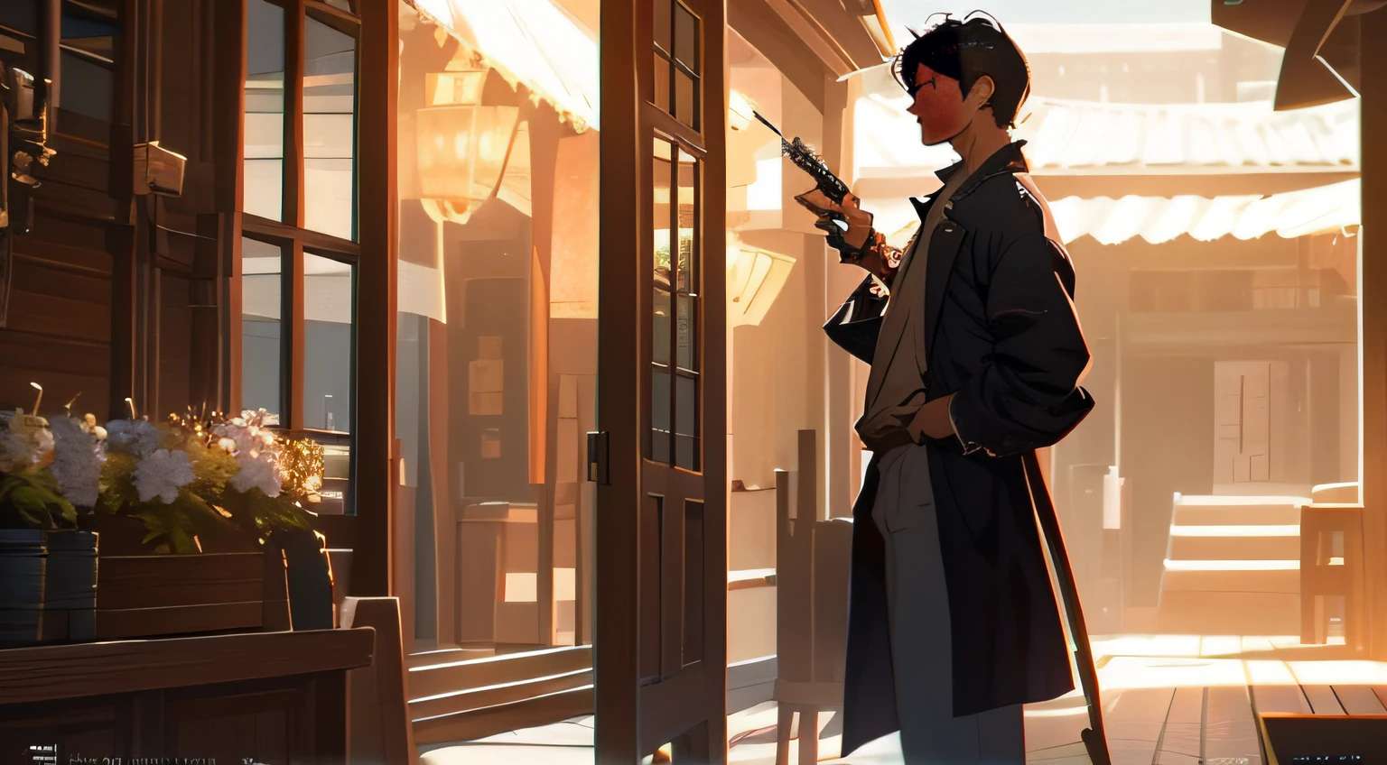 of a guy,Handsome,Standing in the courtyard of the inn,Phone in hand,Blow cold smoke out of your mouth, 夏天,Close-up,photography of, (Ultra photo realsisim), Modern Yang Jie, detailed fantasy art, Stunning character art, Fanart Meilleure ArtStation, Epic and exquisite character art, Extremely detailed art, Meticulous digital animation is artistic