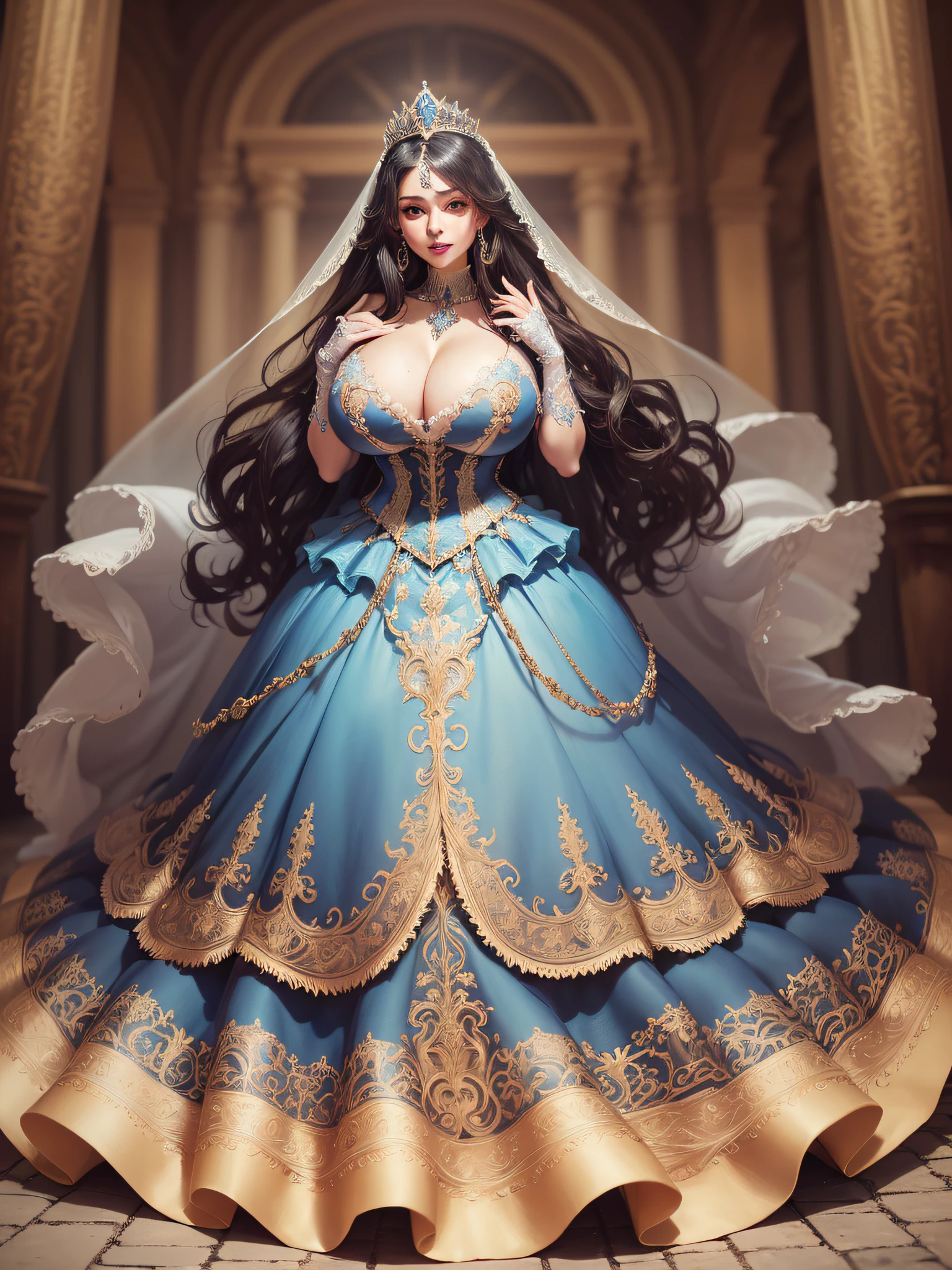((anime artstyle)),(Masterpiece),(Best Quality), (Super Detail),((Very Delicate and Beautiful)),cinematic lighting,1 girl,((full body portrait)),((standing in garden)),((solo)),(((1 fairytale princess in gorgeous embroidery and jeweled extremely gorgeous princess rococo ballgown with voluminous full length hoop skirt))),an hourglass waist,padded and corseted bodice,(((huge crinoline hoopskirt))),long train,((gorgeous embroidery and jeweled)),voluminous frills,See-through,(gorgeous embroidery and beautiful lace),(((extremely gigantic tits,skindentation))),cleavage,((large amount of straight hair,extremely voluminous Straight long Hair,Very Long Straight Hair)),(finely detailed face and eyes),clear pupil,extremely gorgeousfull hair ornament,(bling-bling jeweled extremely gorgeousfull tiara),(bling-bling gorgeous gemstone jewelry),gorgeous long veil,((opera gloves)),(beautiful background),(full body),((gorgeous embroidery and jeweled extremely gorgeous princess rococo ballgown with voluminous full length hoop skirt))