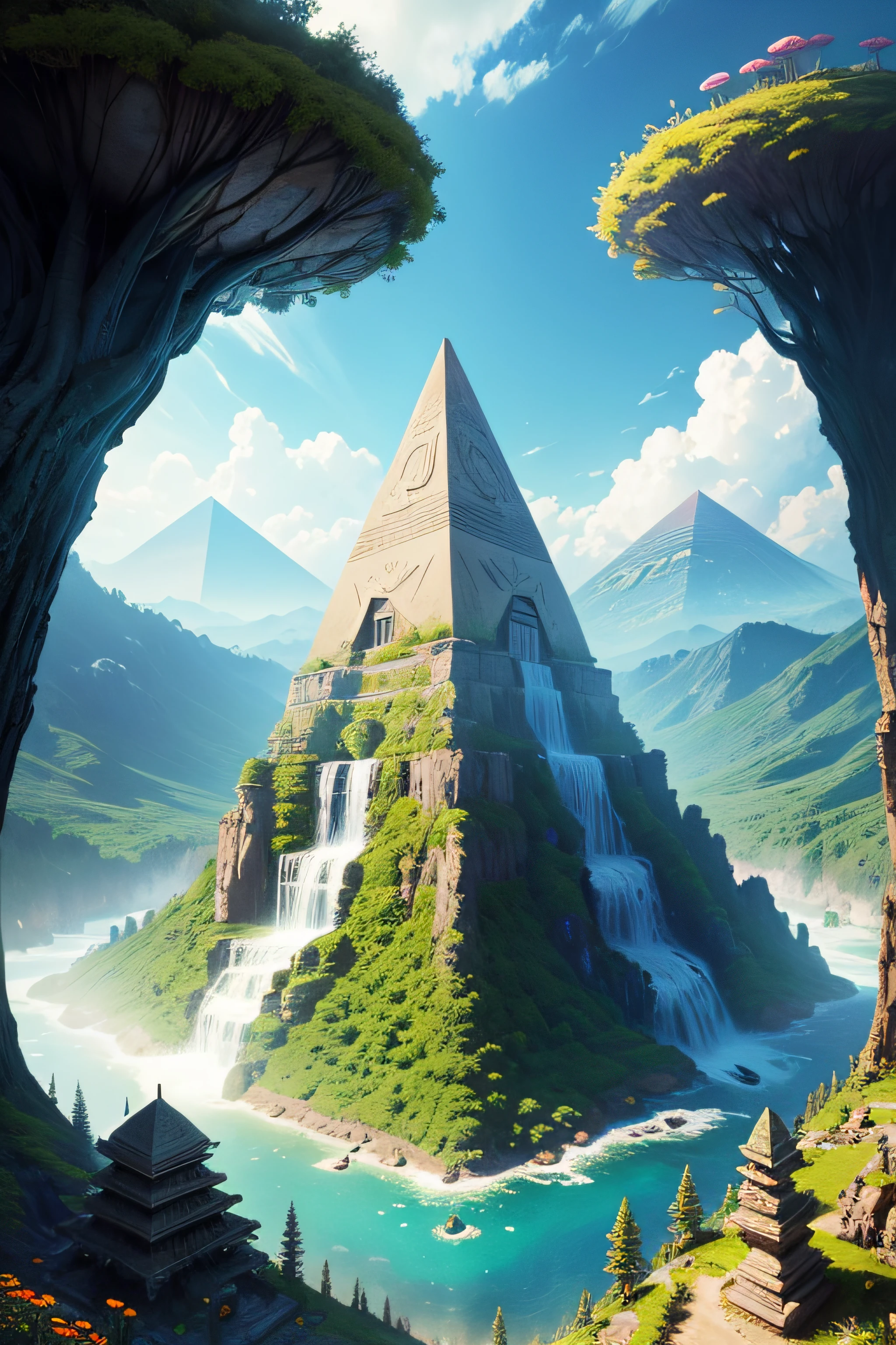 alien pyramid mushrooms flowers trees mountain waterfall spaceship