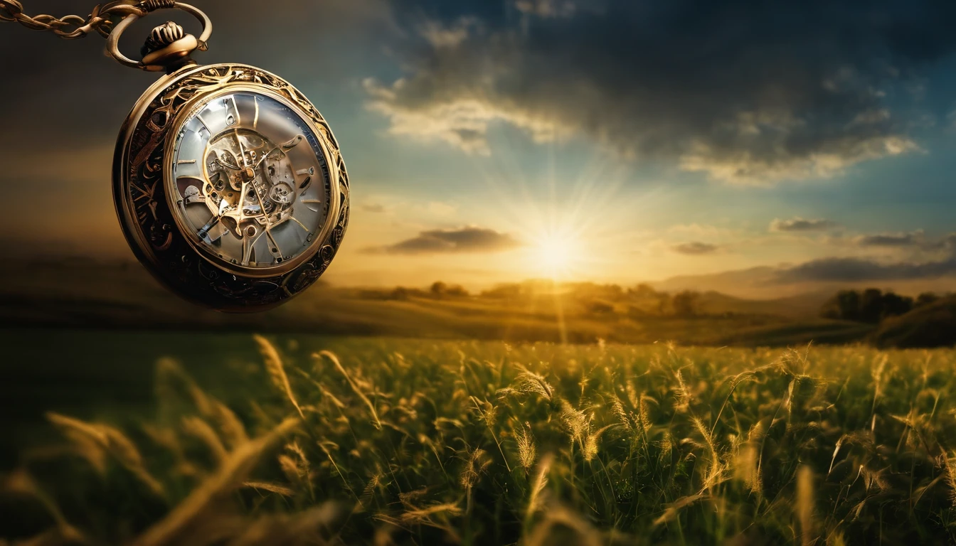hightech pocket watch, Falling from the sky into a field, Biomechanicals, estranho, assustador, Pesadelo, cores muito brilhantes, light particles, com luz brilhante, Arte do papel de parede, Papel de parede UHD