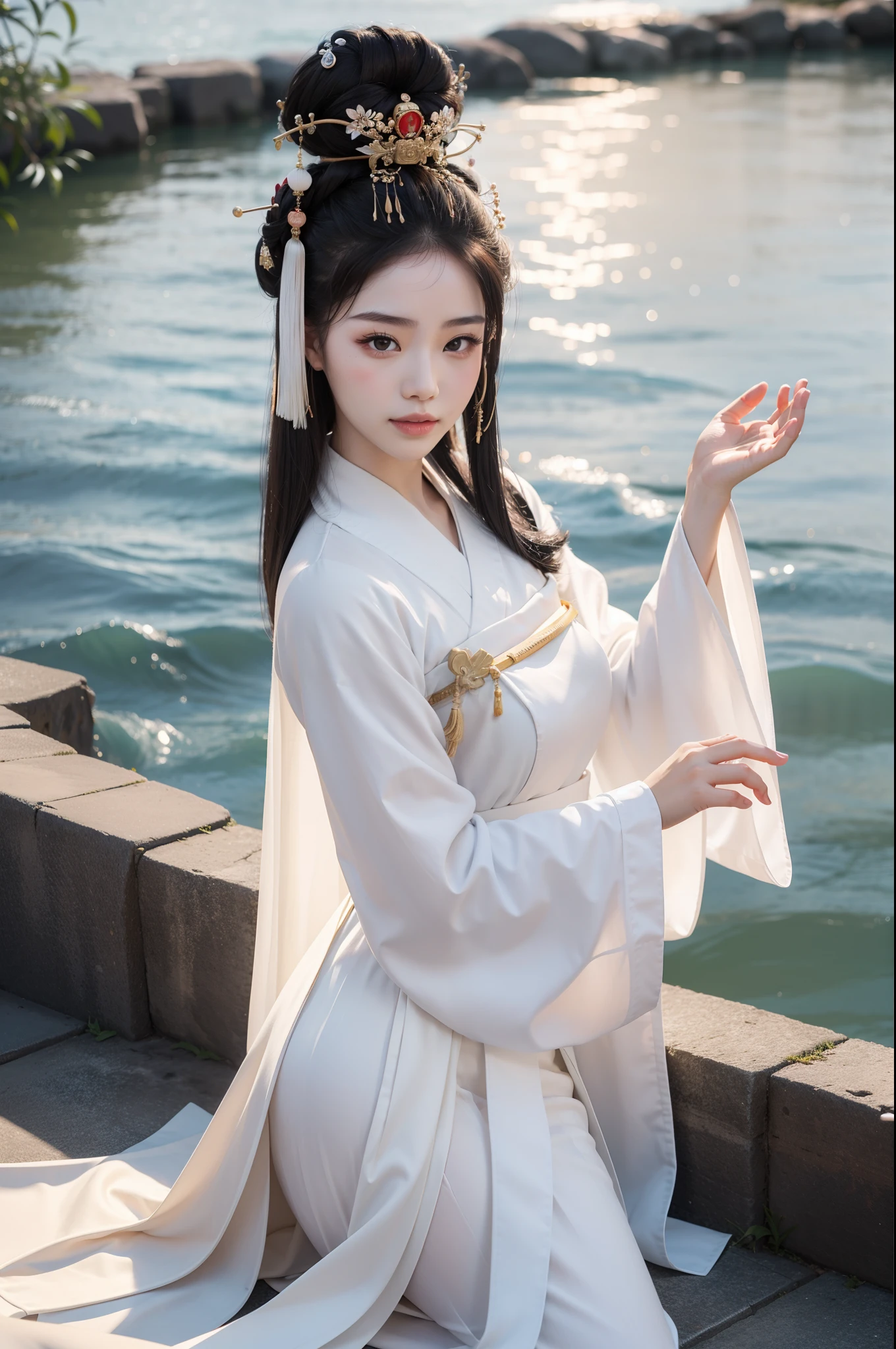 Fashion model 18 years old [[[[closeup cleavage]]]], [[[[boobgasm]]]], [[[[coll]]]], [[[[bshoulders]]]], perfect  eyes, Perfect iris，Perfect lips，geisha,hair,geisha hair ornament,oiran hair ornament,perfect teeth，Perfect skin，with fair skin，Soft front light，hdr，Movie girl，White Chinese costume，Hanfu，Long sleeves，a white long skirt，ssmile，The background is Mount Immortal，Yamano，waterfallr，flowingwater，small bridges，4K Ultra HD, 超高分辨率, (Photorealistic: 1.4), Best quality，Masterpiece，Utra dilution，（pastel colour：1.2）