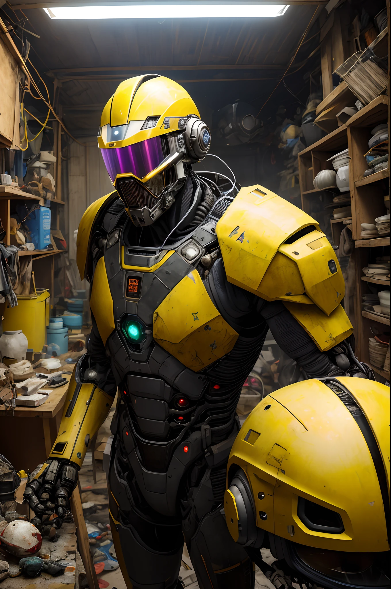 Wide-angle environmental shooting in a cluttered and messy shack, action shot, camisa rasgada esfarrapada, pele de porcelana rachada, liga de lendas, vibrante, foto realista, realista, dramatic, escuro, foco nítido, 8k."Robot destroyed in pieces with bright yellow visor as a realistic cyberpunk scifi knight, Medium plan, intrincado, motor irreal, cozy indoor lighting, arts station, detalhado, "james gurney, katsuhiro otomo, james paick, cinematic lighthing, natureza vibrante, Craig Mullins, Greg Rutkowski, Pete Morbacher, Tuomas Korpi, tekkon kinreet, Light Volumetric, Trends in Artstation, octane rendering.", Trends in Artstation, foco nítido, Studio photo, detalhes intrincados, altamente detalhados, por greg rutkowski, armadura amarela, technological helmet and black visor, armado e perigoso.