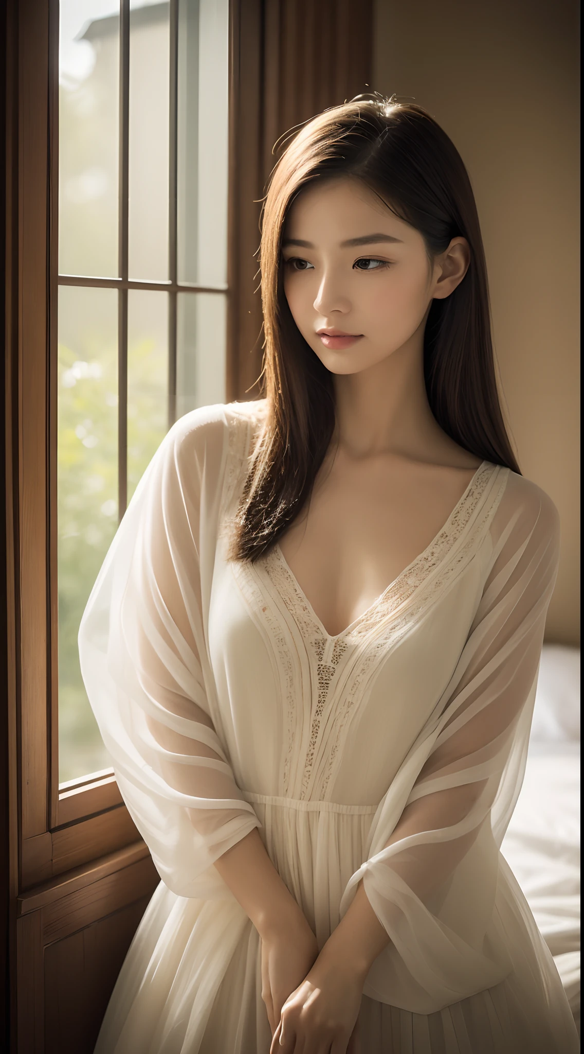 8yk、Raw photo、(masuter piece)、(top-quality)、Hi-Res、(girl with)、(realisitic、Photorealsitic:1.2), Upper body、Red camisole、Facing up、skinny、14years、small tits、Eyes closed、Deep sadness、Sorrow、look up sky、Open mouth、screeming、a room、Background blur