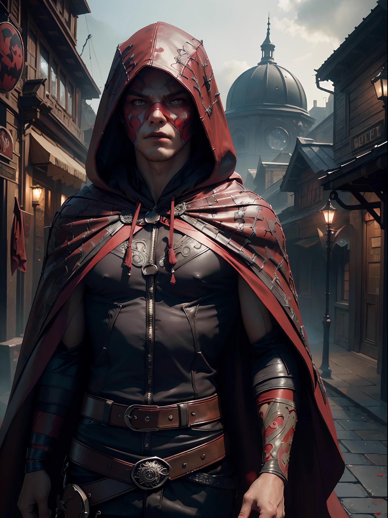 photorealistic 1man muscular with face paints, (((intricate dark red hood and cloak))), gloomy atmosphere, fog, (realistic:1.4), (by Greg Rutkowski: 1.2), (masterpiece), ((best quality)), extremely delicate and beautiful, illustration, dynamic lighting, dynamic pose upper body, (eyes, bright:1.3), From Brian Froud and Carne Griffiths and Wadim Kashin and John William Waterhouse, 8K post-production, high resolution, ((highly detailed)), depth of field, HDR, intricate,