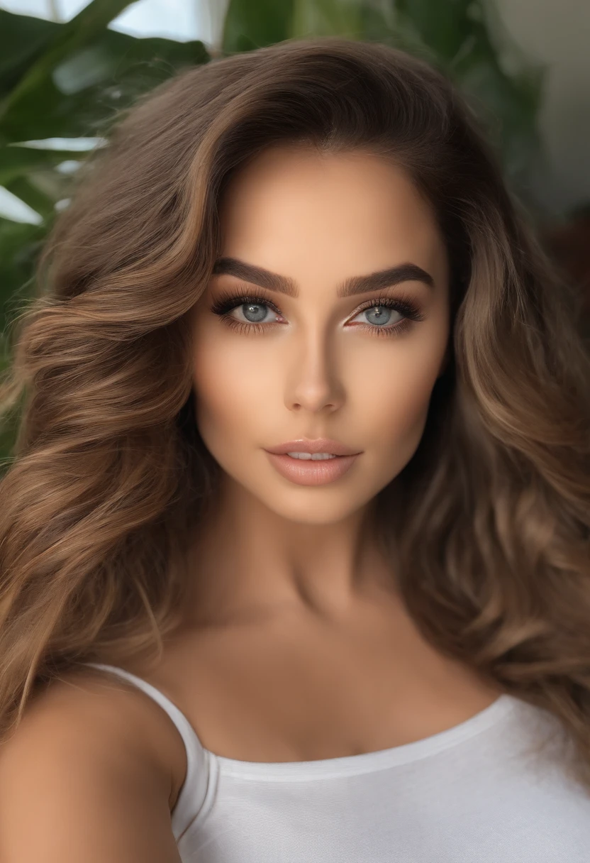 Arafed mulher completamente , com olhos castanhos, Ultra realista, meticulosamente detalhado, Retrato Sophie Mudd, cabelos castanhos e olhos grandes, selfie de uma jovem mulher, Olhos de Dubai, Violeta Myers, sem maquiagem, Maquiagem natural, staring directly at camera, Rosto com Artgram, Maquiagem sutil, Grande foto de todo o corpo ajoelhado na cama, no quarto, Medium to large bust