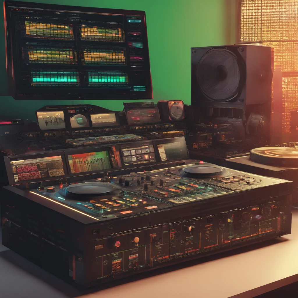 (best quality,4k,8k,highres,masterpiece:1.2),ultra-detailed,realistic,photorealistic,classic 90s look,E-mu SP-1200,iconic drum machine,sampling,vinyl sound texture,retro aesthetics,detailed buttons and knobs,glowing LED display,vintage analog feel,gritty and warm tonality,organic sound production,studio setup,old school hip-hop vibes,dusty vinyl records,unmistakable sound signature,creative beat-making,nostalgic atmosphere,sampling pads and sequencer,hip-hop production tools,head-nodding rhythms,colorful sound spectrum,red, yellow and green color palette,soft ambient lighting,HUD interface elements,barrel distortion effect,play and record buttons,bass-heavy beats,pre-digital era of music production,lo-fi hip-hop mood,vintage vibe,analog warmth and saturation,funky grooves,loose and swingy rhythm,raw and crunchy sound,innovative music creation,groundbreaking technology.