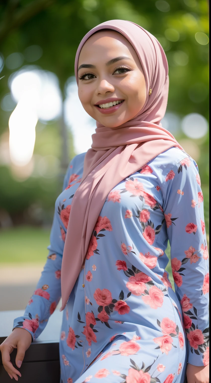 Malay girl in hijab wear small floral white baju kurung malaysia in soccer field, watching soccer, wear back pack, front view, detail skin, detail skin texture, mole below eyes, small breast, big hip, big waist, big thigh, slim abs, beautiful body, nighttime, laughing, happy, bright lighting, blur background, bokeh,