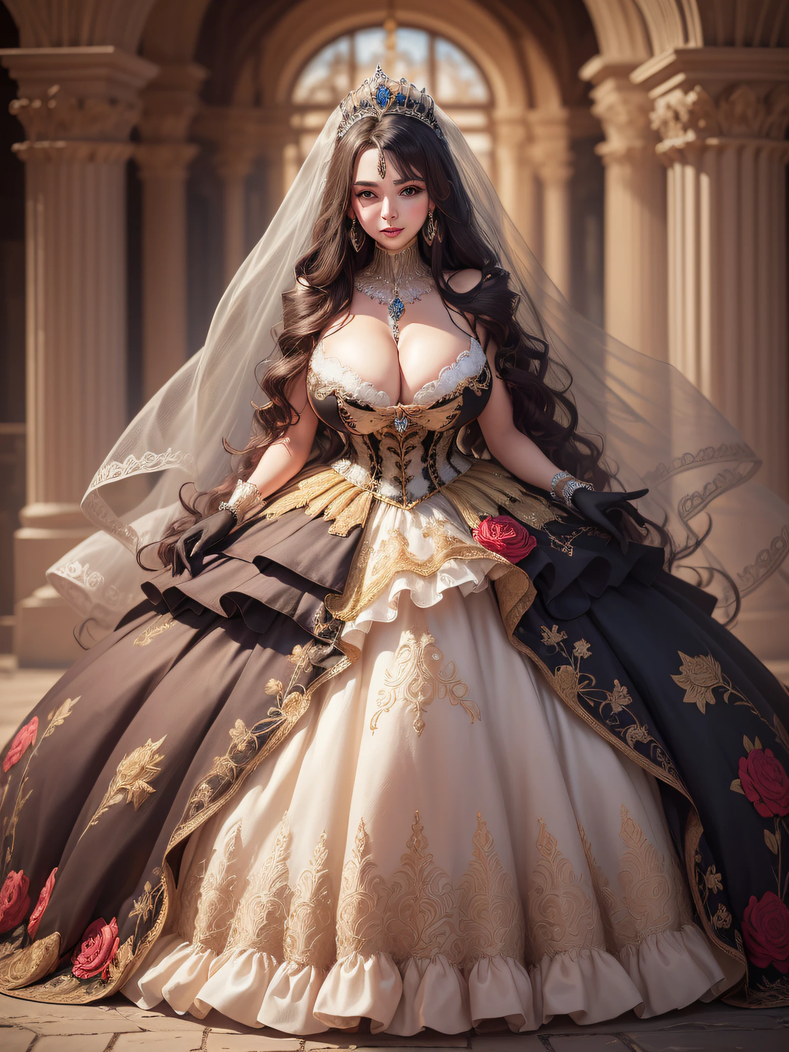 ((anime artstyle)),(Masterpiece),(Best Quality), (Super Detail),((Very Delicate and Beautiful)),cinematic lighting,1 girl,((full body portrait)),((standing in garden)),((solo)),(((1 fairytale princess in gorgeous embroidery and jeweled extremely gorgeous princess ballgown with voluminous full length hoop skirt))),an hourglass waist,padded and corseted bodice,(((huge crinoline hoopskirt))),long train,((gorgeous embroidery and jeweled)),voluminous frills,See-through,(gorgeous embroidery and beautiful lace),(((extremely gigantic tits,skindentation))),cleavage,((large amount of straight hair,extremely voluminous Straight long Hair,Very Long Straight Hair)),(finely detailed face and eyes),clear pupil,extremely gorgeousfull hair ornament,(bling-bling jeweled extremely gorgeousfull tiara),(bling-bling gorgeous gemstone jewelry),gorgeous long veil,((opera gloves)),(beautiful background),(full body),((gorgeous embroidery and jeweled extremely gorgeous princess ballgown with voluminous full length hoop skirt))