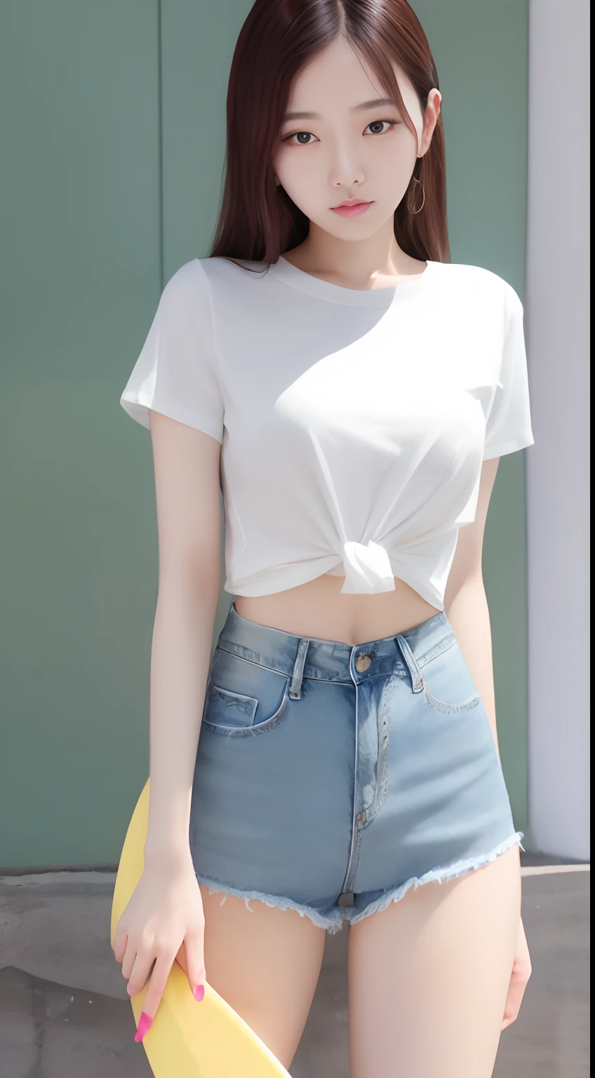 dynamic pose,1girl,pale skin,delicate face,freckles,intricate details,(baggy shirt,gym short shorts:1.3),small waist,(wide thigh gap:1.3,thick thighs:1.3),white background,(best quality:1.2,ultra-detailed,realistic:1.37),portrait,soft colors,polished lighting