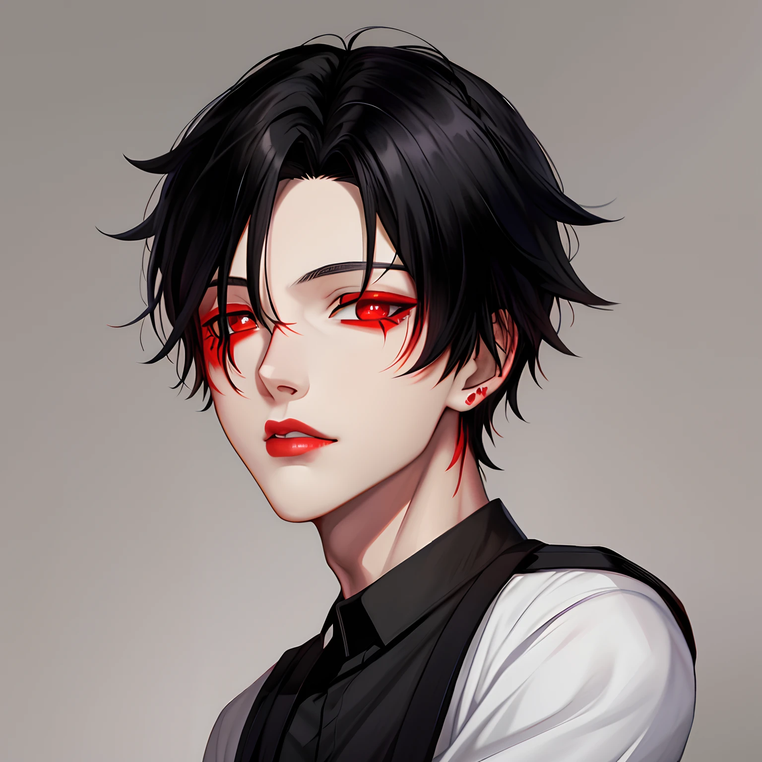 one boy, black hair, red pupils, lip ring,