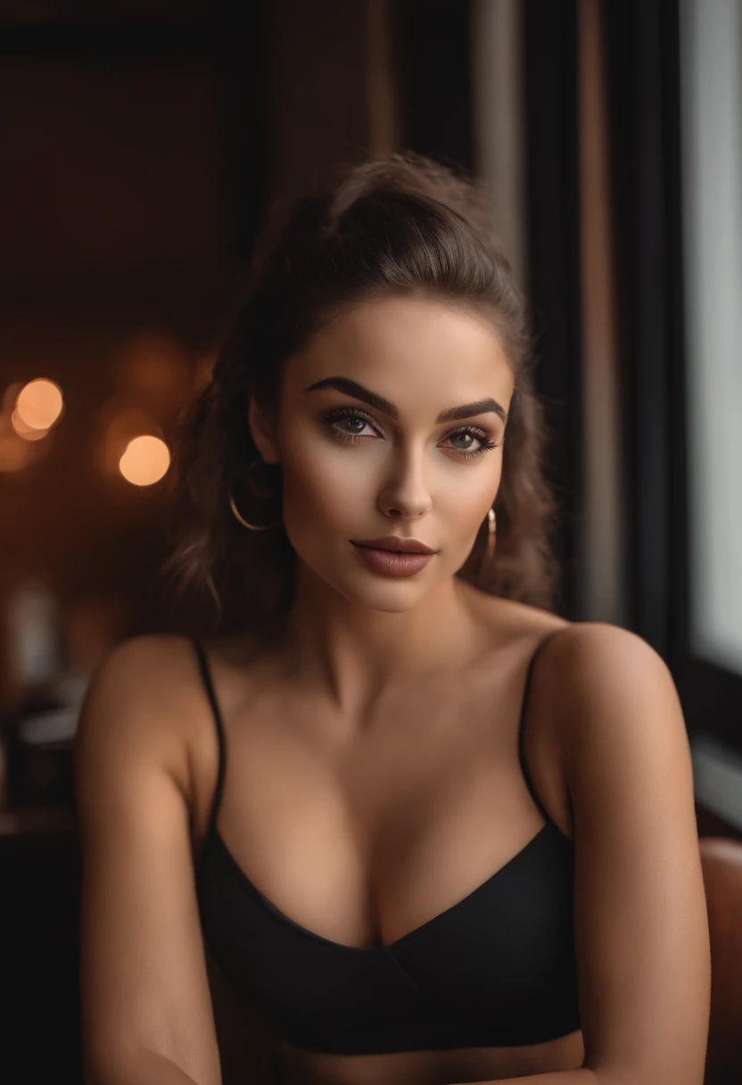 Arafed woman with revealing bra, Menina sexy com olhos castanhos, Retrato Sophie Mudd, cabelos castanhos e olhos grandes, selfie de uma jovem mulher, Camera eyes, Violeta Myers, sem maquiagem, Maquiagem natural, staring directly at camera, Rosto com Artgram, Maquiagem sutil, Great full body photo, em um bar esportivo, clivagem