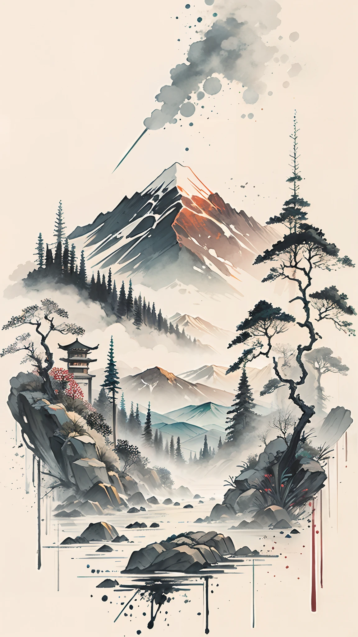 (Masterpiece, best quality: 1.2), (No_Humans), mountains in the distance, traditional Chinese ink painting, houses, tombstones, meadows