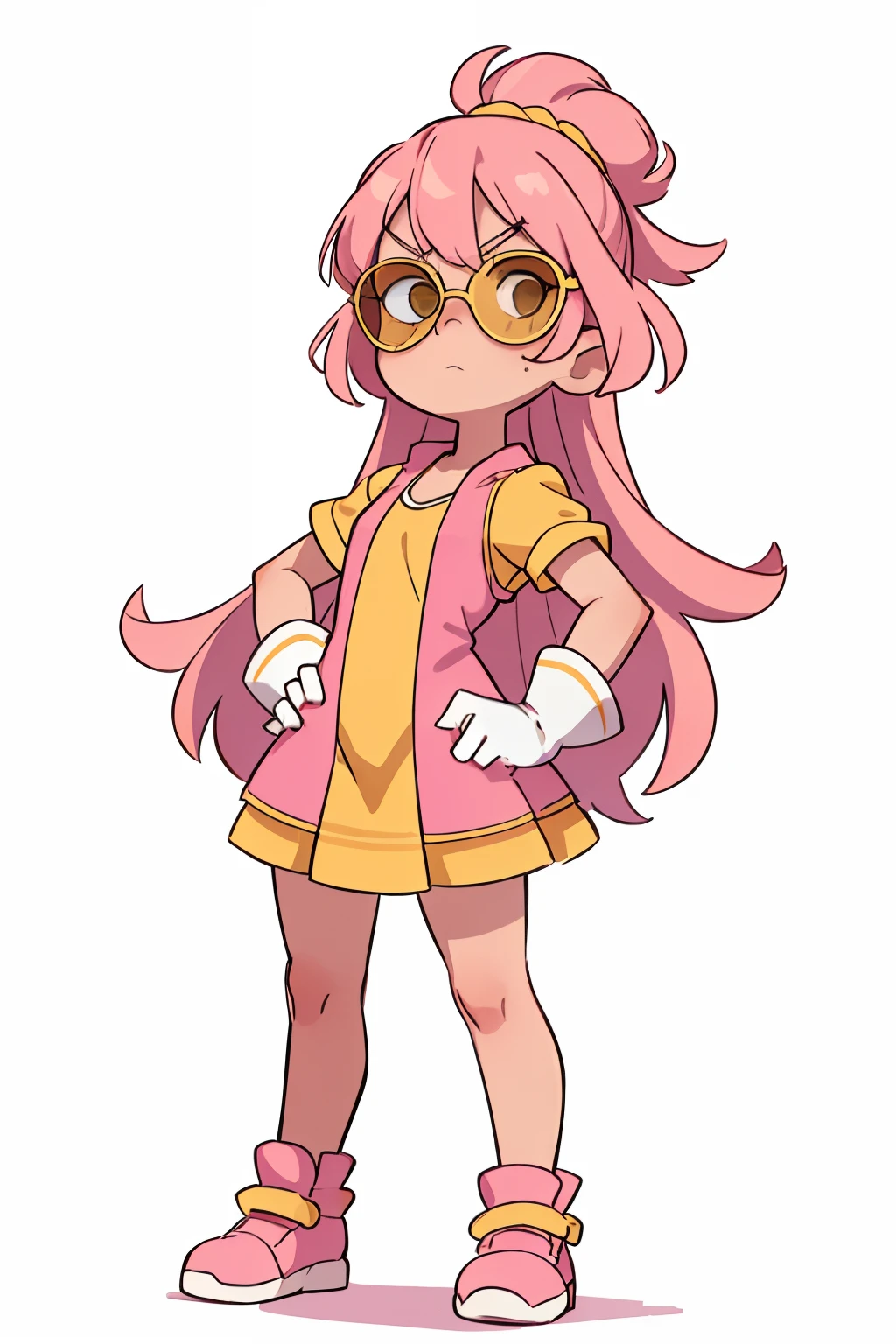 ((beste-Qualit, tmasterpiece)), 
a 1girl, light pink hair, serious look, Wearing yellow sunglasses, in a pink short dress, On the hands soft white gloves to the elbow. standing pose, Character Sheet