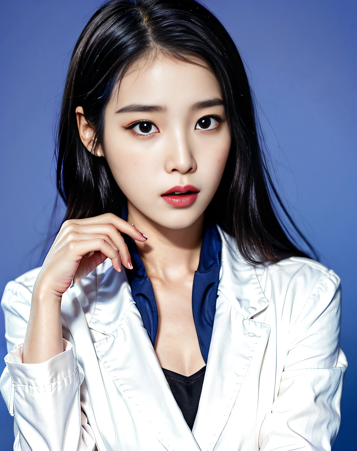 Raw, sharp-focus, tender, Beautiful composition, Best Quality, (Realistic), hiquality, Ultra Detailed, (real picture), (Realistic skin), (intricate details), (latex skin:0.4), (detailed skin:1.3), (Perfect glossy shiny leather:0.6), (Beautiful eyes), Round Eyes, pretty face, reddened face, glossy lips, High nose bridge, [:(Detailed Face:1.2):0.2], shiny eyes, (Pureerosface_v1:0.1), (ulzzang-6500:0.1), (beautiful 20-year-old pretty korean woman:1.3), instagram,  a face of perfect proportion, (high nose:0.7), realistic humid skin, red-lips, Crimson (UA), (happy face:1.2), 8K UHD, dslr, hiquality, Film grain:1.3, Photorealistic, (Studio), (Blue plain background:1.5), (white blouse: 1.5), (Black Blazer:1.5), (Close your lips:1.3),(iu1:1.1),