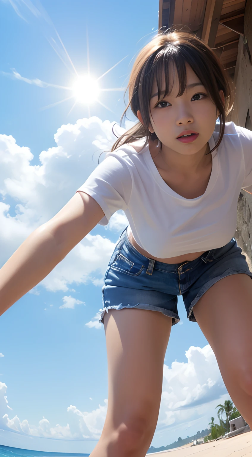 (​masterpiece),Girl looking down、(Dutch Angle),(FULL BODYSHOT),(Shot from bottom to top)