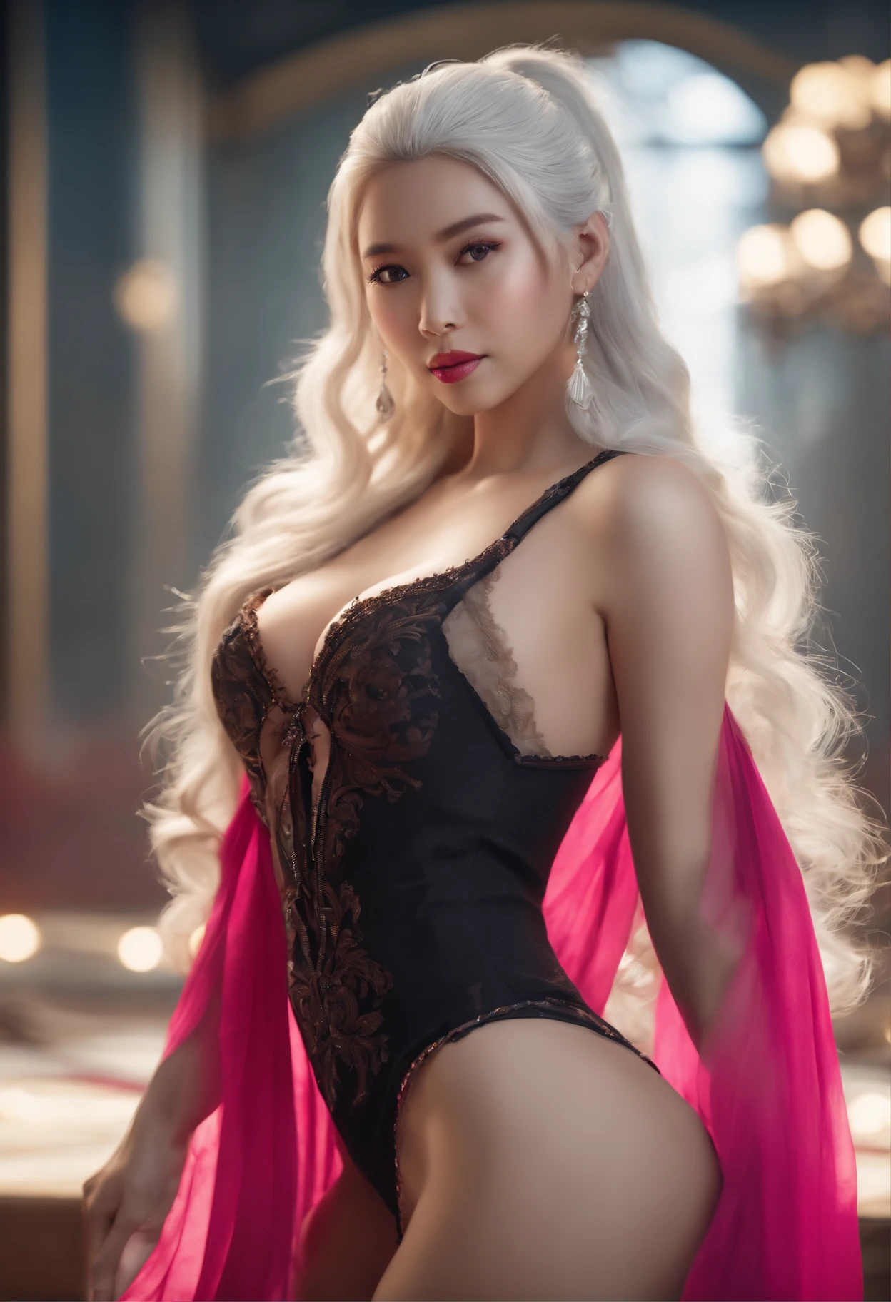 asian face, long white hair in a ponytail, blue eyes, big breasts, full body shot, bright pink super fancy lingerie, one woman, looking at viewer, masterpiece, ray tracing, best quality, sharp focus, ultra detailed, high resolution, 8k, UHD, beautiful detailed eyes, ultra-detailed, ((masterpiece)), ((best quality)), elaborate features, extremely detailed, extremely detailed face, perfect, bedroom background