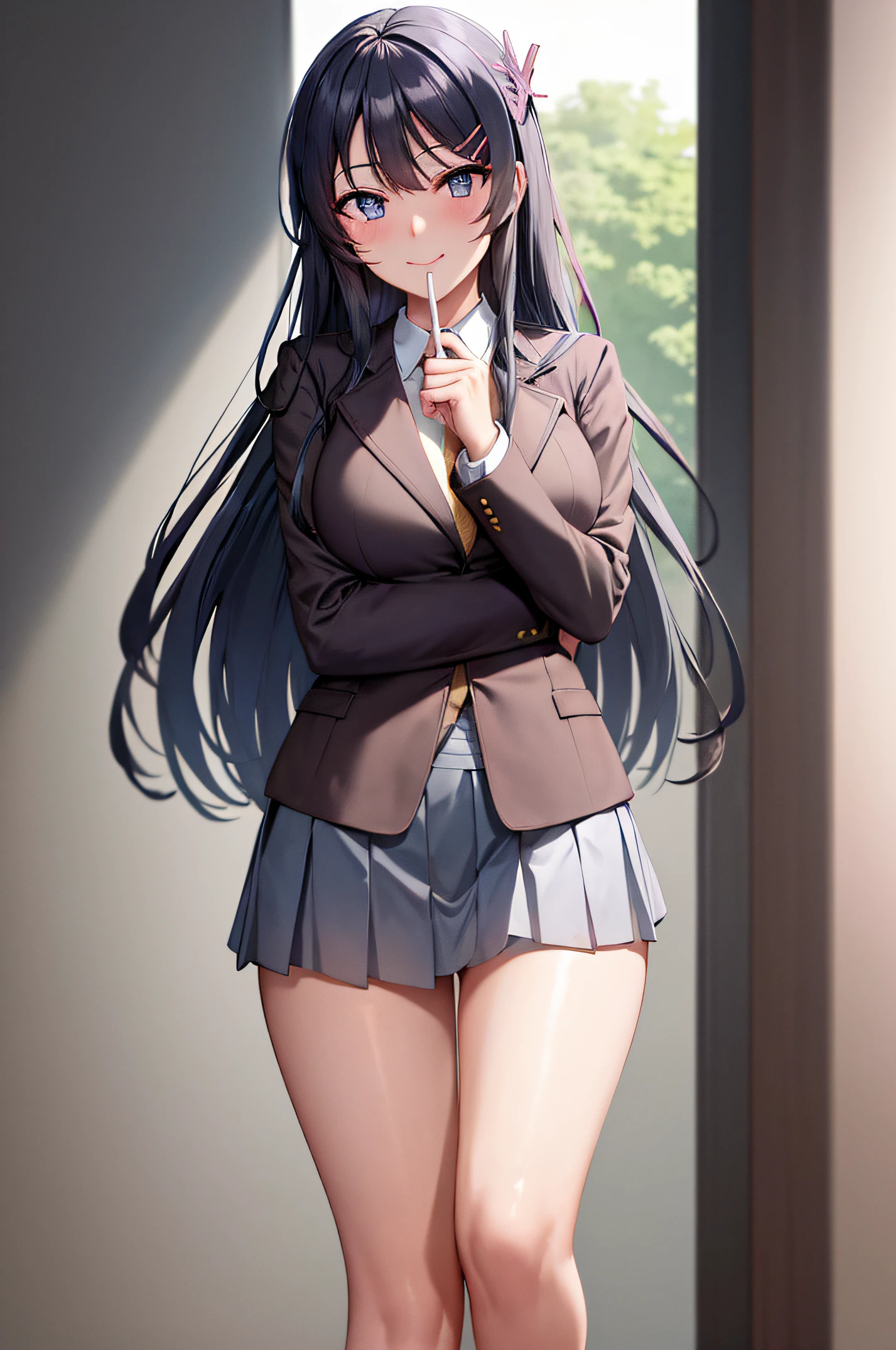 maisakurajima, sakurajima mai, long hair, bangs, black hair, hair ornament, (purple eyes:1.1), hairclip, (NSFW:1.2), ,school uniform, pantyhose, jacket, skirt,open jacket, BREAK looking at viewer, BREAK (masterpiece:1.2), best quality, high resolution, unity 8k wallpaper, (illustration:0.8), (beautiful detailed eyes:1.6), extremely detailed face, perfect lighting, extremely detailed CG, ecchi anime style, seductive anime girl.teasing smile, clean detailed anime art,high resolution, (perfect hands, perfect anatomy),